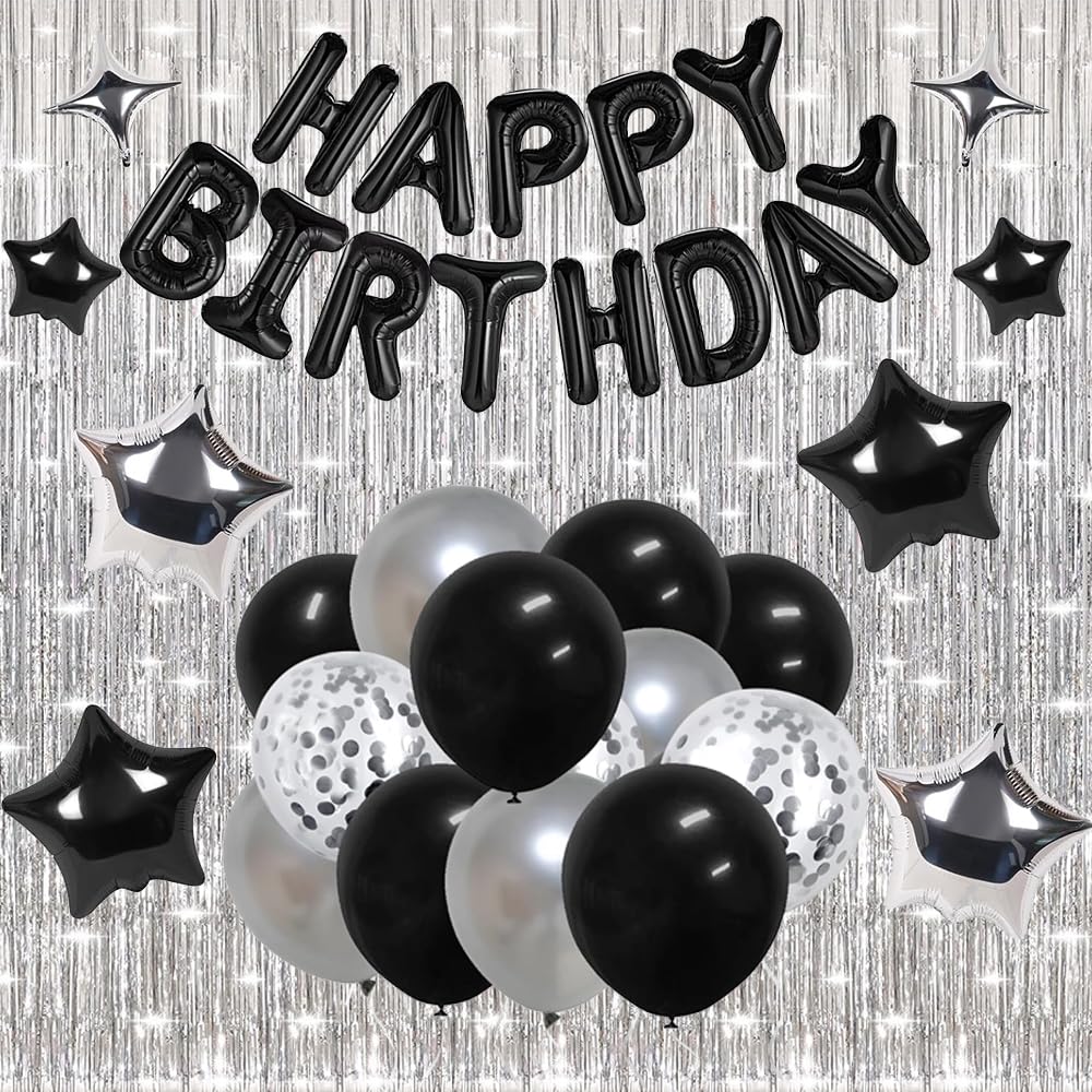 Birthday Decorations for Men, Black and Silver Happy Birthday Party Decorations, Black and White Birthday Party Supplies with Happy Birthday Banner,