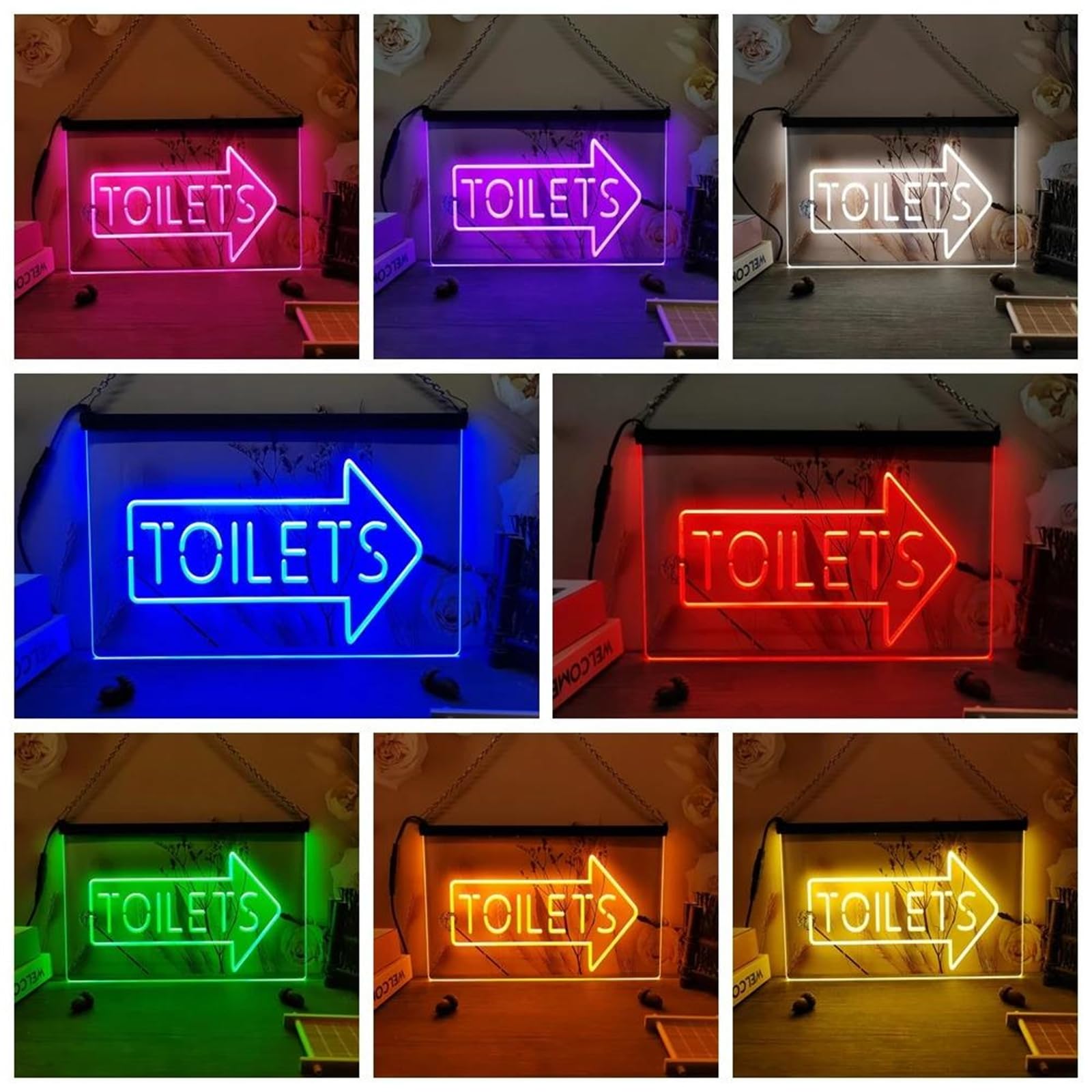 Insegna al Neon per Toilette con Freccia A Destra, Insegna Luminosa al Neon A LED USB con Controllo Remoto RGB, Decorazione da Parete per Bagni Pubblici,40x30cm