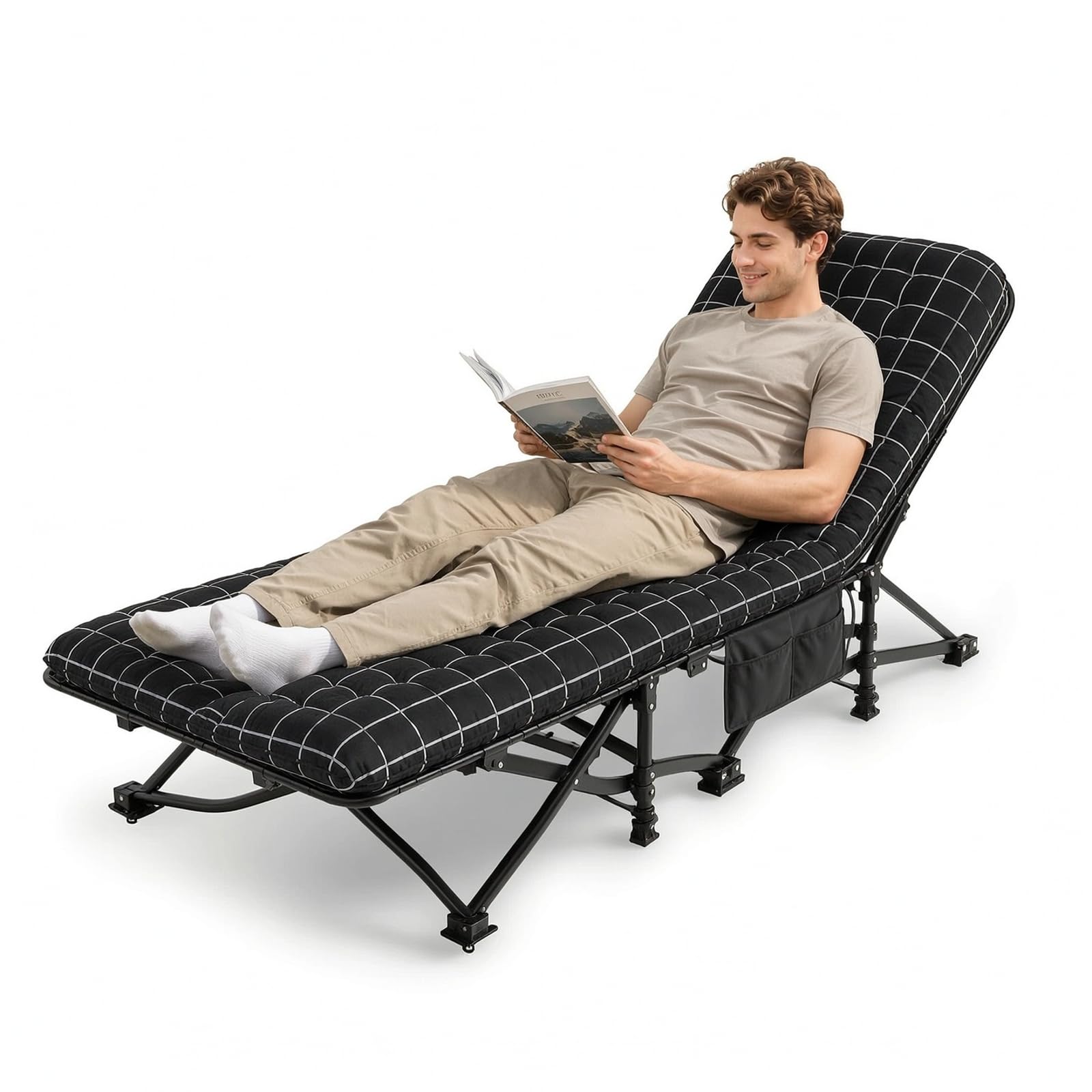 Folding Camp Bed with Mattress for Adults 6-Position Adjustable Camping Cot