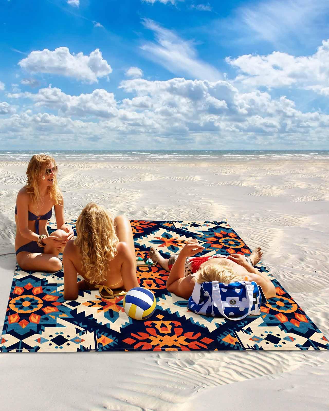 Beach Blanket Sandproof Waterproof Picnic Blankets Retro Indian Ethnic Style Extra Large Lightweight Outdoor Beach Mat with Corner Pockets for Travel/Camping/Hiking Ancient Patterns