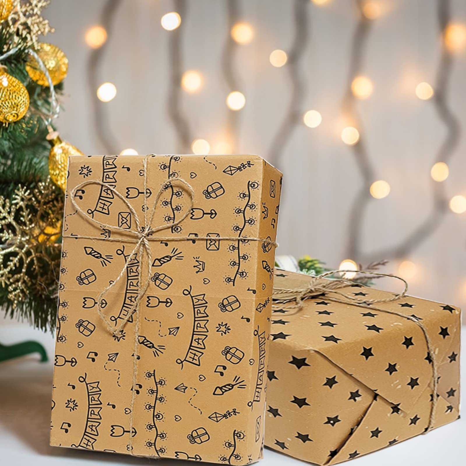 Lot De 4 Papiers Cadeau Kraft Recyclables - 50x70 Cm - Motifs Variés Pour Anniversaire, Noël, Mariage - Épais Et Coloré