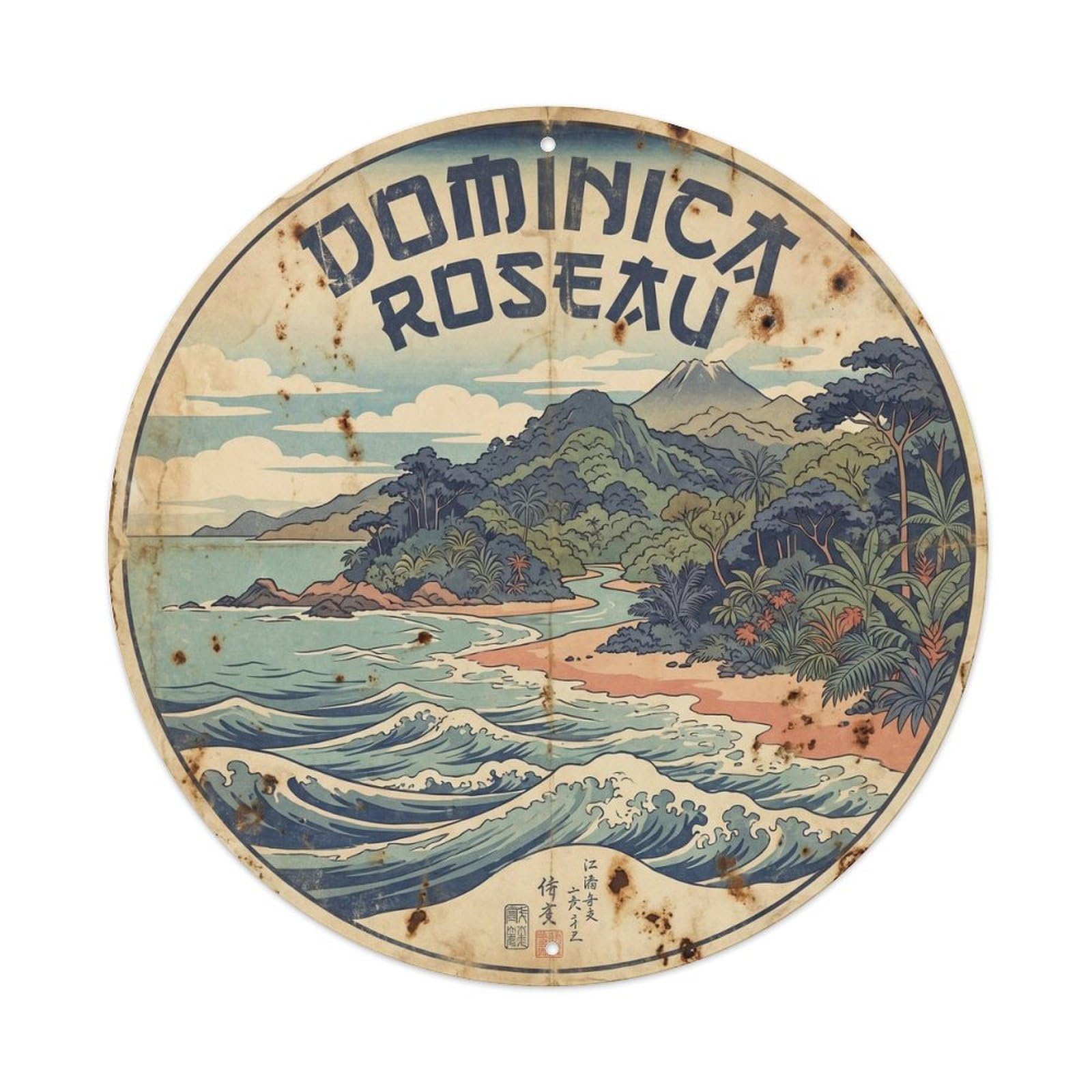 Dominica Roseau Tropical Coast Vintage Woodcut Metal Tin Sign