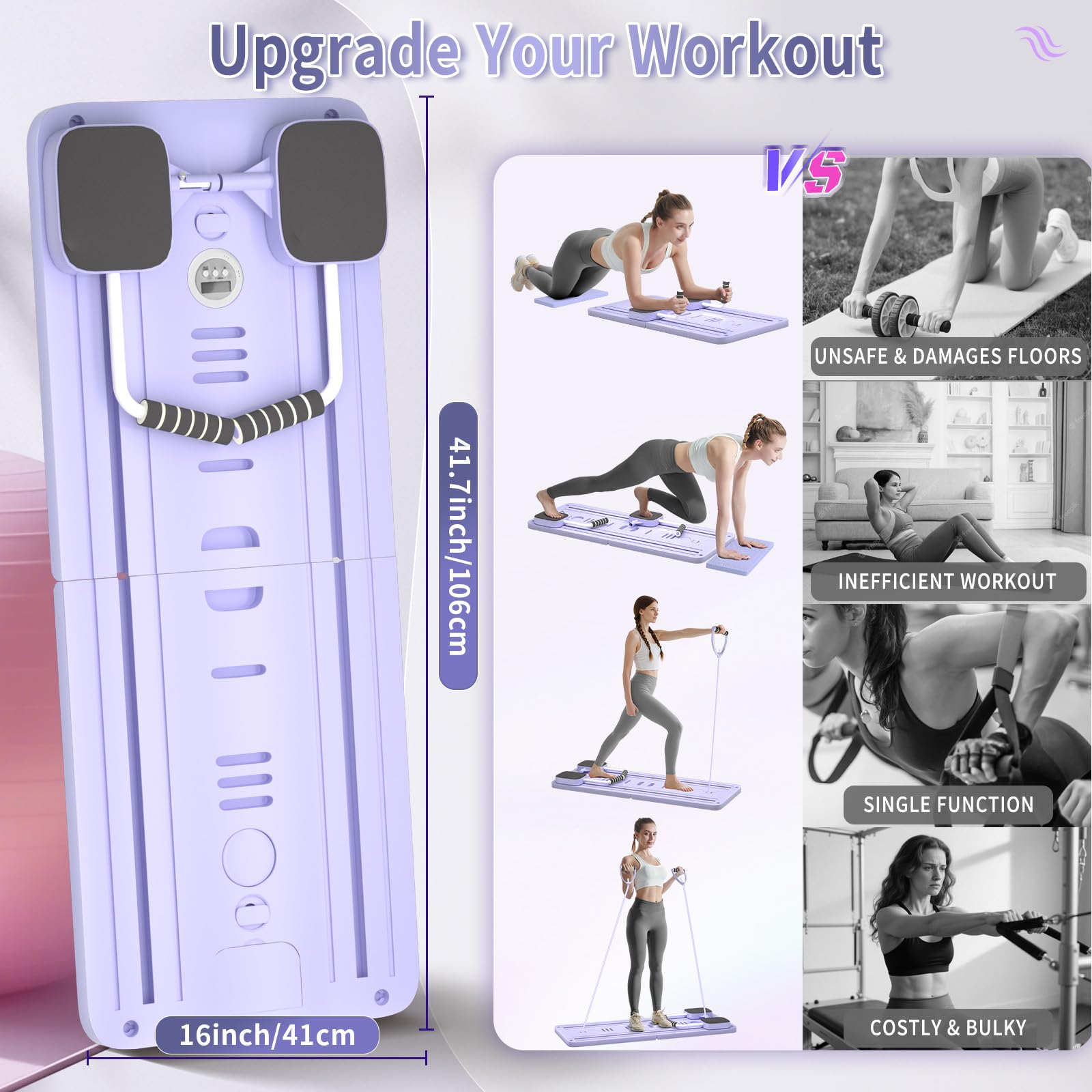 Tavola da Pilates pieghevole, Set di attrezzature per Pilates Reformer Board multifunzionale con rimbalzo automatico per allenamenti completi del corpo, regalo fitness per donne