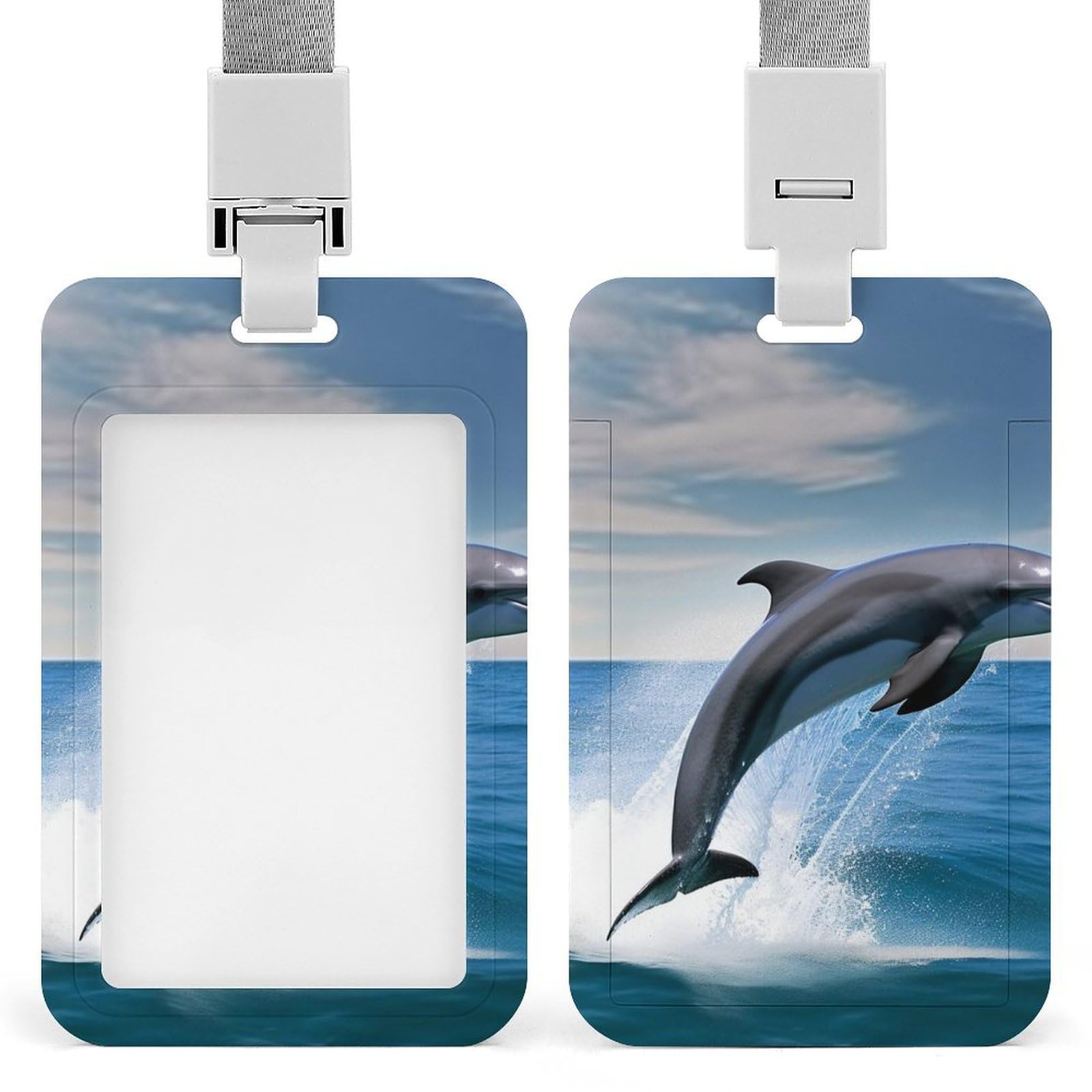 ID Card Holders for Lanyard,Jumping Up Dolphins Printed Badge Holder with Clear Window,Plastic Vertical Bus Pass Holders for Work Teacher Nurse Employees Proximity Key Cards Women Men — image 1