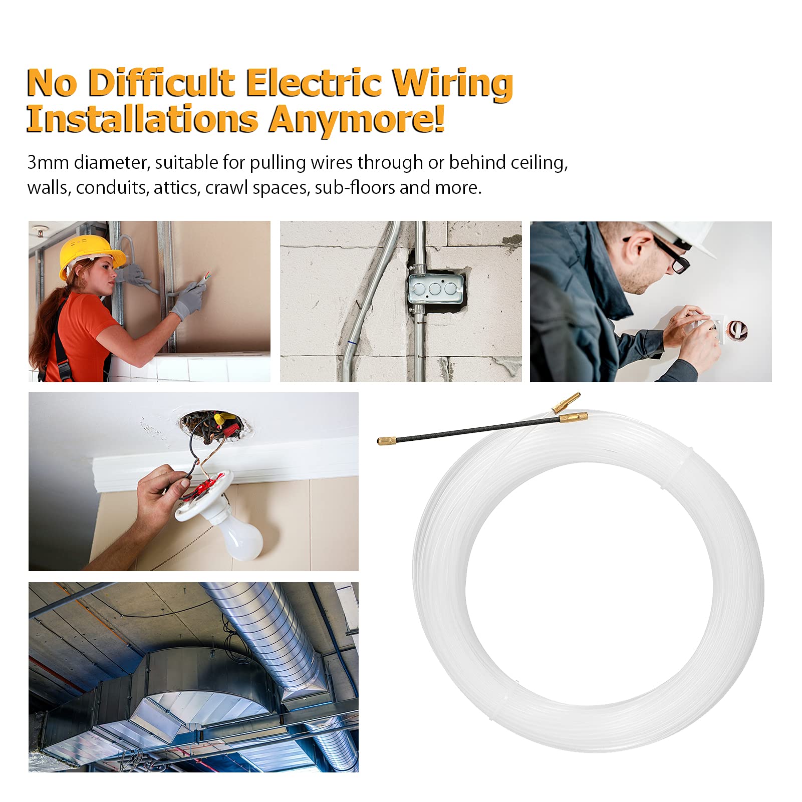 15m Fish Tape Steel Wire Puller, 3mm Through Wall Cable, Fish Shaped Cable Puller, Through Wall Wire Threader - Image 3