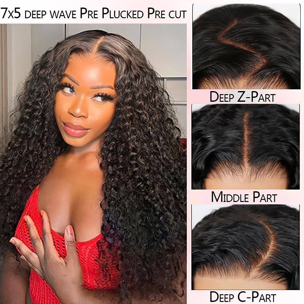 Glueless Wigs Human Hair Pre Plucked Pre Cut 210% Density Deep Wave 7x5 HD Lace Front Wigs Instant Wear and Go 26 Inch No Glue With Drawstring Brazilian Curly Human Hair Wig for Women