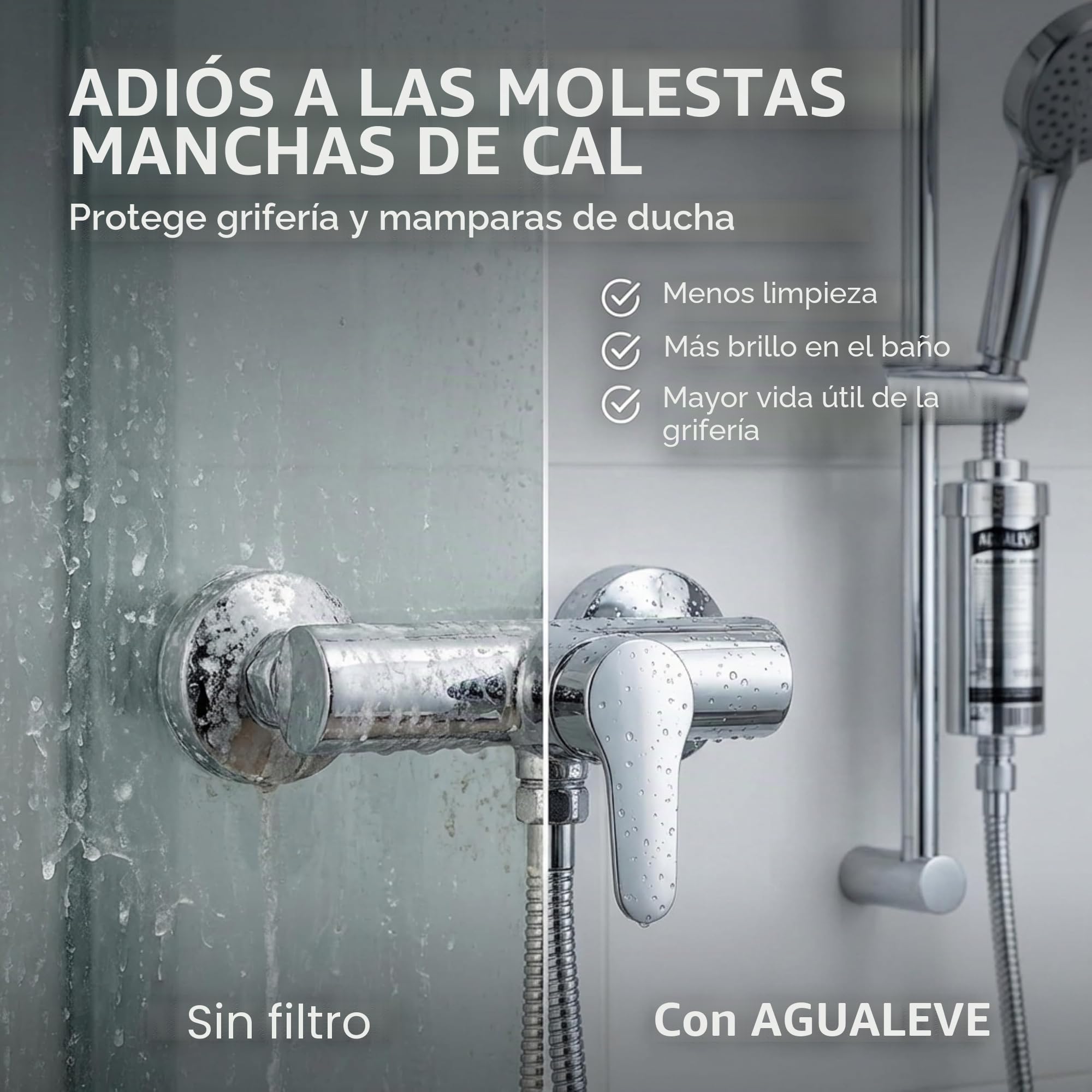 1 filtro de agua AGUALEVE para ducha – Filtro de ducha,en cromo,contra la cal, los metales pesados, el cloro, la suciedad,piel y cabello más hermosos, calidad de marca certificada TÜV Made in EU