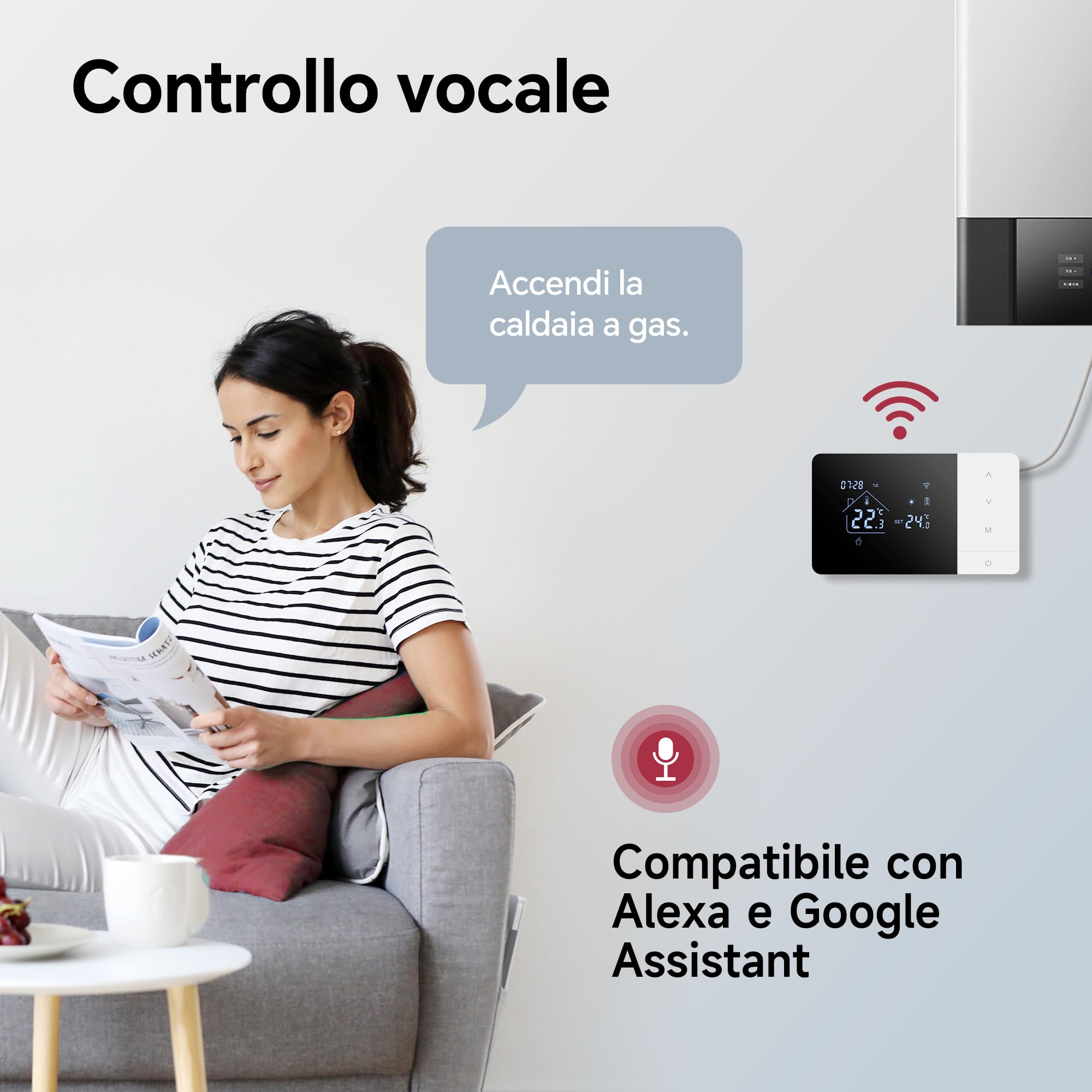 Termostato Wi-Fi a batteria con 2 fili, controllare per la caldaia a gas, termostato Tuya programmabile giornalmente, compatibile con controllo vocale di Google e Alexa.W506 3A