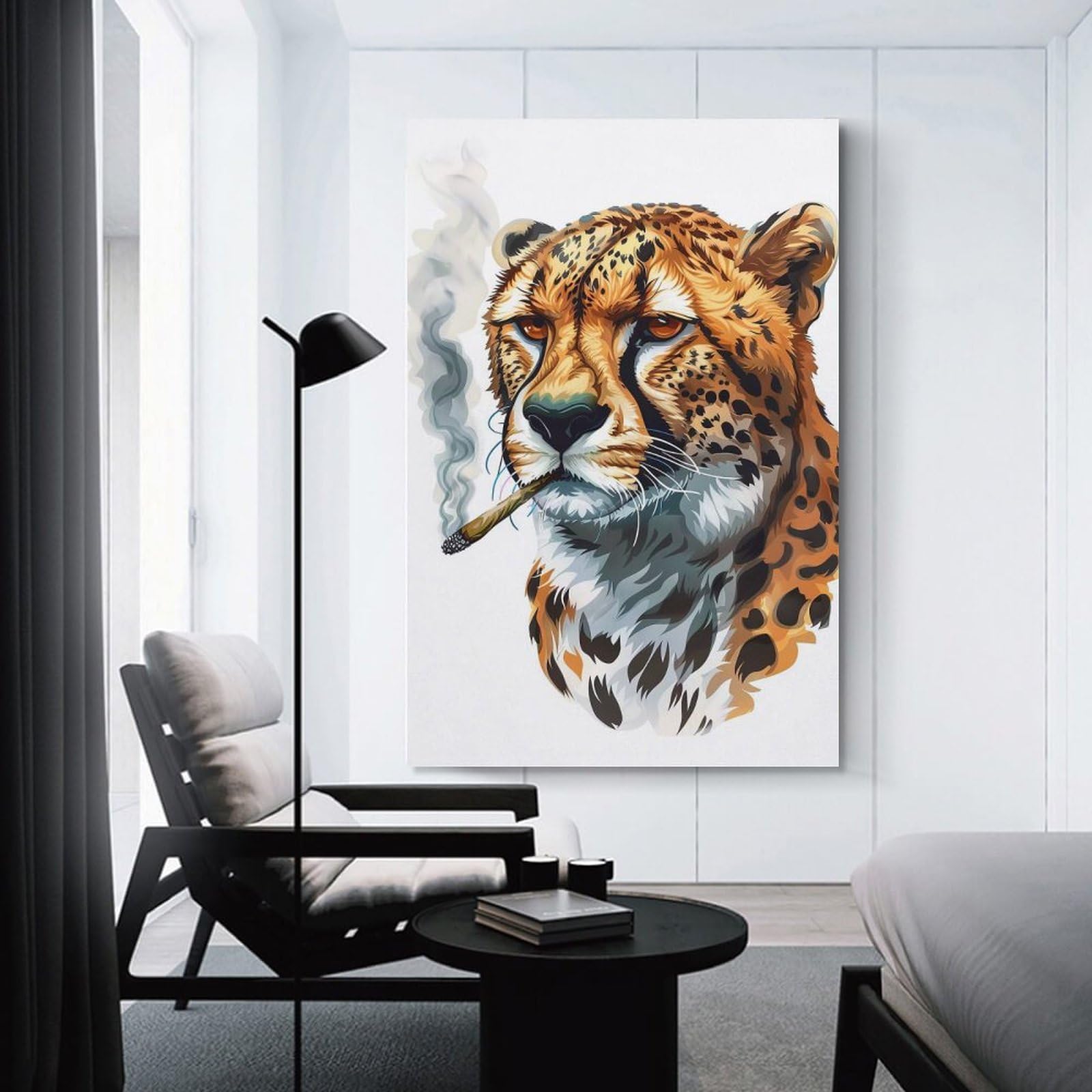 Junmoney Wall Picture Print Cheetah Smoking, 24x36inch(60x90cm), for Wall Displays, Bedrooms Or Room Updates, Wall Decor Suited to Curated Displays