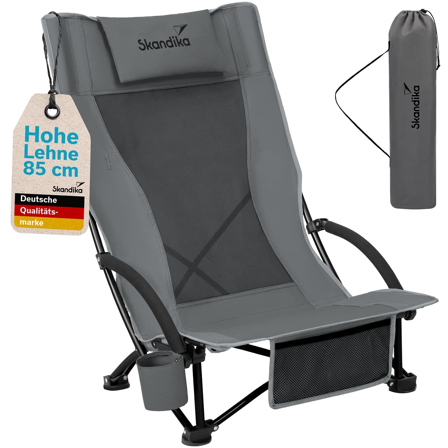 skandika Beach - Silla Plegable de Playa - Malla Transpirable, portavasos, fácil de Transportar y de Plegar - Peso máx. del Usuario 136 kg (Gris)