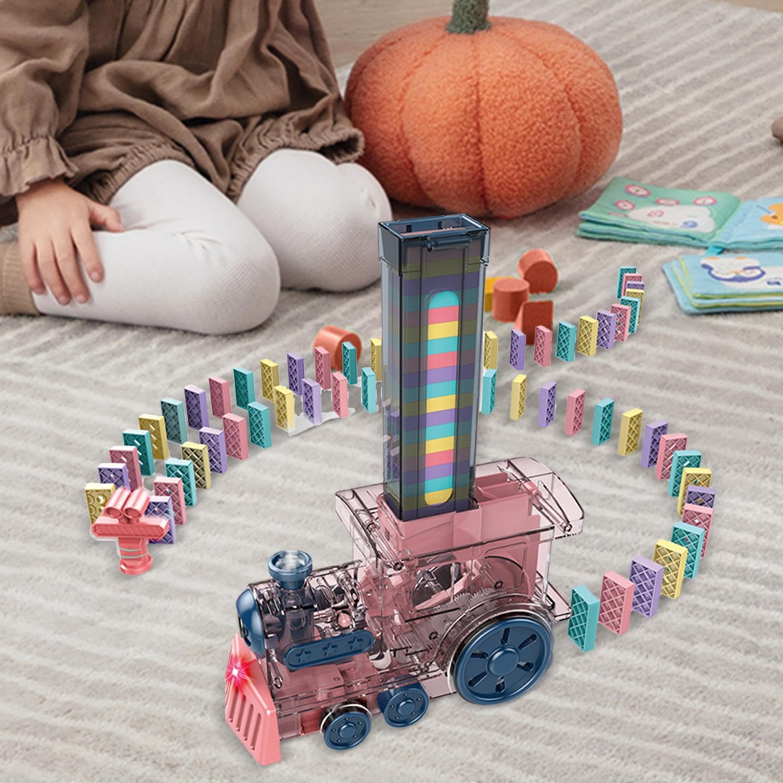 Tioheam Ensemble de Dominos pour, Jouet de Train Domino, Petits Trains électriques automatiques, Jouets Amusants de Maternelle, Machine à Dominos, Jouets STEM pour Tout-Petits avec lumières et Sons