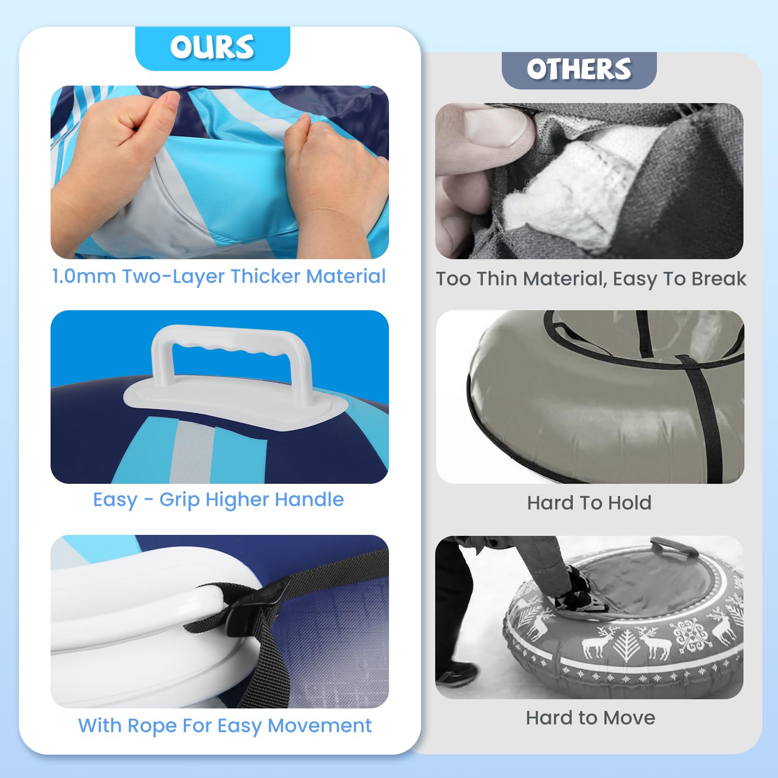 Tube à neige avec corde de remorquage remorquable, luge gonflable robuste pour enfants et adultes de qualité supérieure résistante à l'abrasion pour l'hiver et l'extérieur, kit double patch