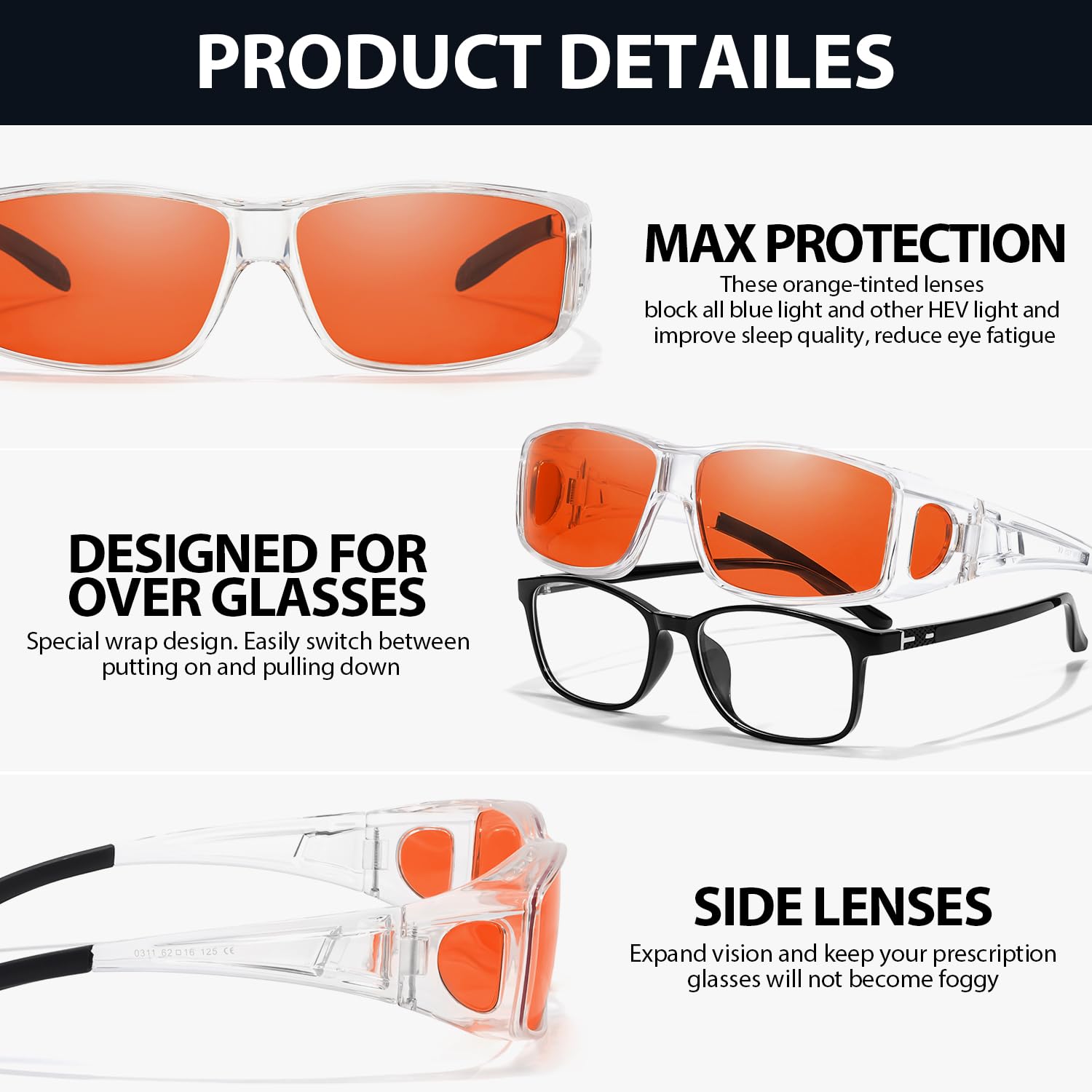 VIEWBETTER® Lunettes anti-99,99 % de blocage de la lumière bleue sur les lunettes, lunettes de jeu sur tout le pourtour, orange ambré
