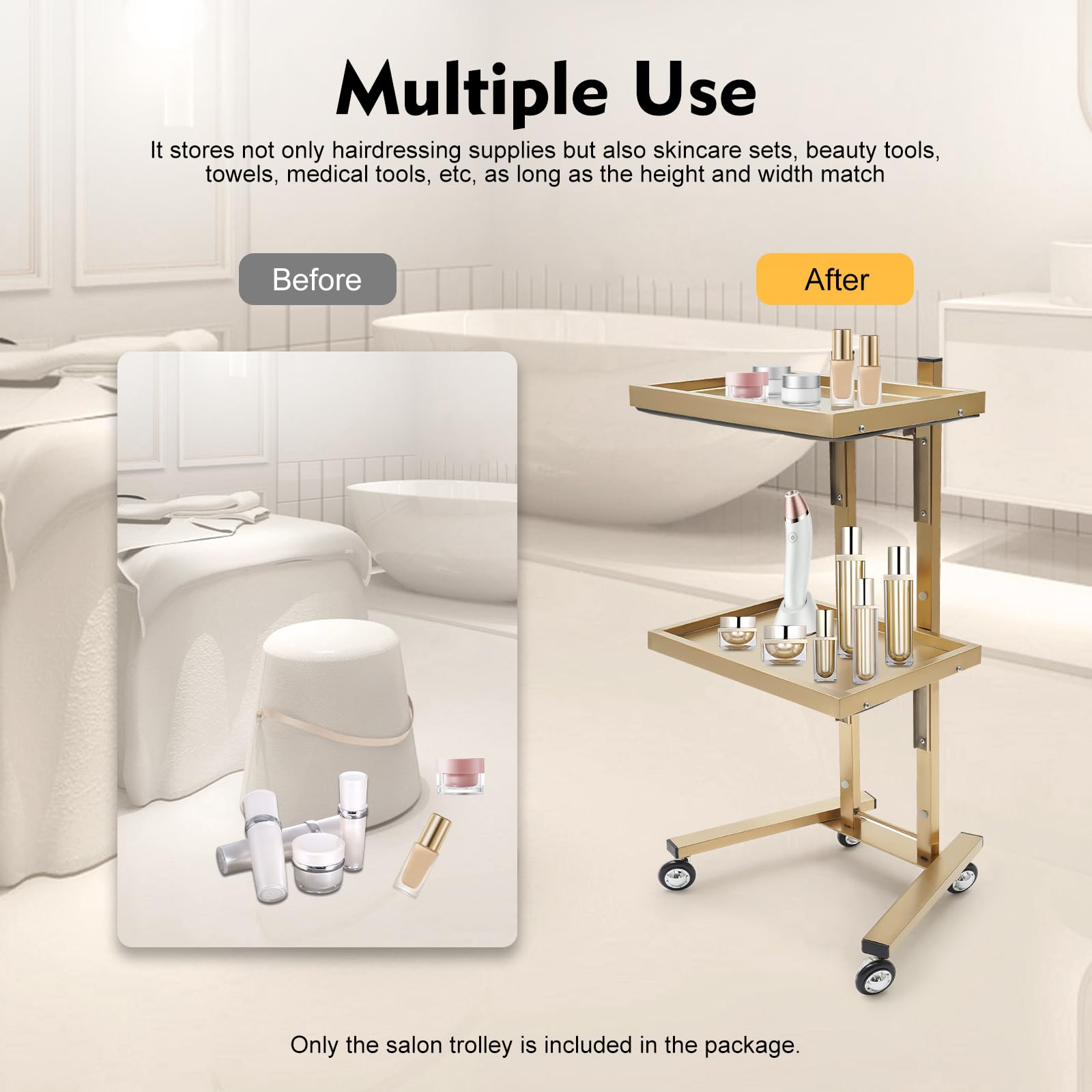 OUKANING Friseurwagen Gold 2 Etagen, Edelstahl mit Rollen, Hairstyling Trolley Standwagen, klappbar