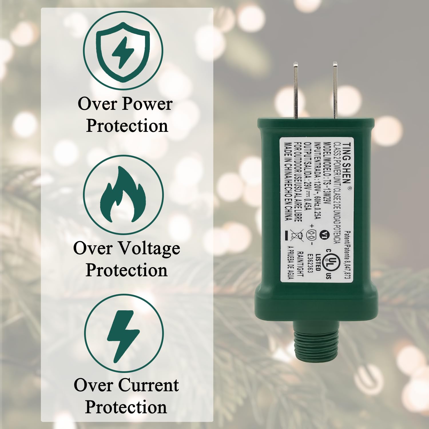Netzteil TS-13W29V Klasse 2 LED Trafo 29V 0,45A 13W LED Regenfest IP44 US-Stecker Adapter, LED-Streifenlicht, Weihnachtsbeleuchtung, saisonaler Einsatz LED-Treiber für Weihnachten X-Mas Baum