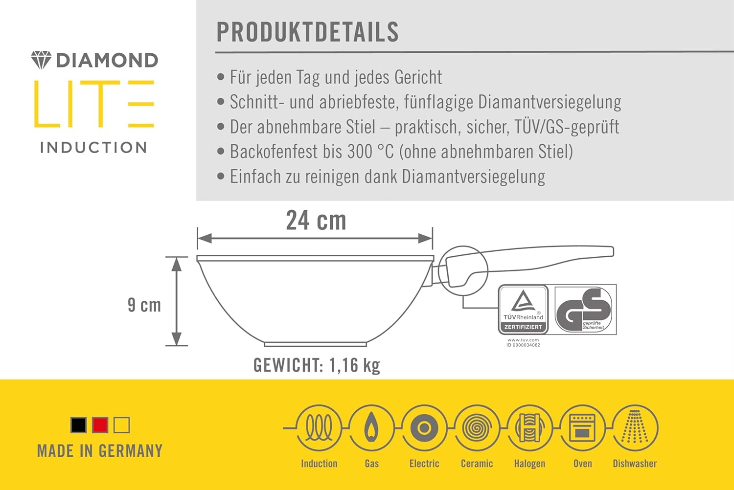 Woll Diamond Lite Wok and Mixing Pan, Inductive, Diameter 24 cm, 9 cm High, Suitable for All Types of Cookers, Cast Aluminium, Non-Stick Coating, Oven-Safe, Anthracite