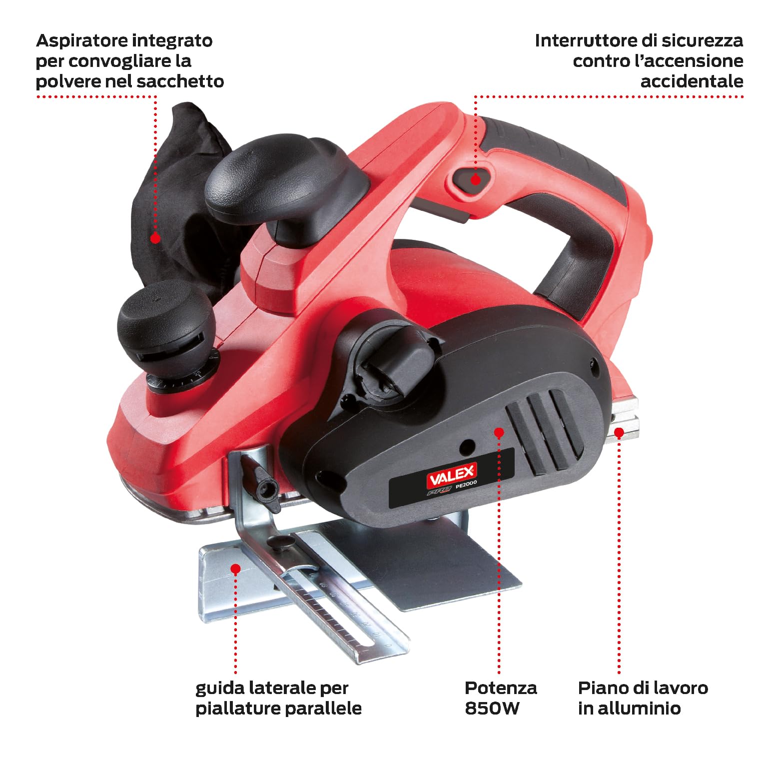 Valex Pialla Elettrica PE2000, 850W, pialletto per legno, 16500 giri/min, 2 lame reversibili, cinghia di trasmissione di ricambio e sacchetto aspirapolveri inclusi