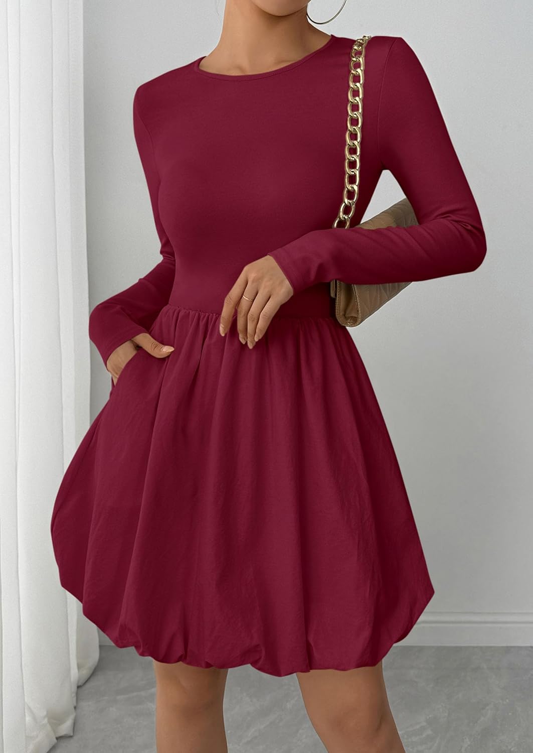 PRETTYGARDEN Fall Dresses for Women 2026 Casual Long Sleeve Bubble Cute Crew Neck A Line Mini Short Dress with Pockets - Image 2