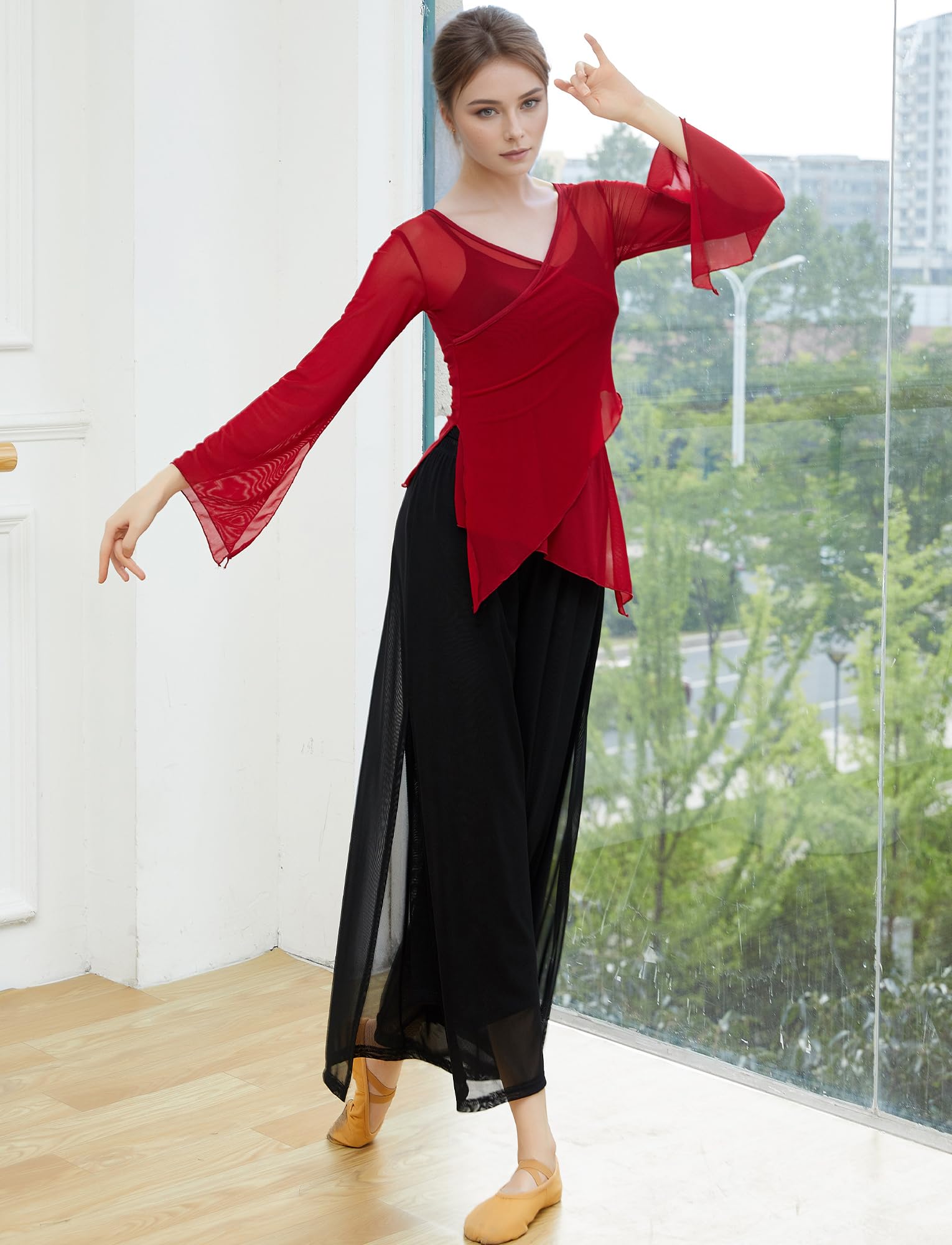 SEAUR Pantaloni da danza da donna, in chiffon, a gamba larga, per danza orientale, latina, pilates, yoga, palazzo, pantaloni estivi, per il tempo libero, S-XL