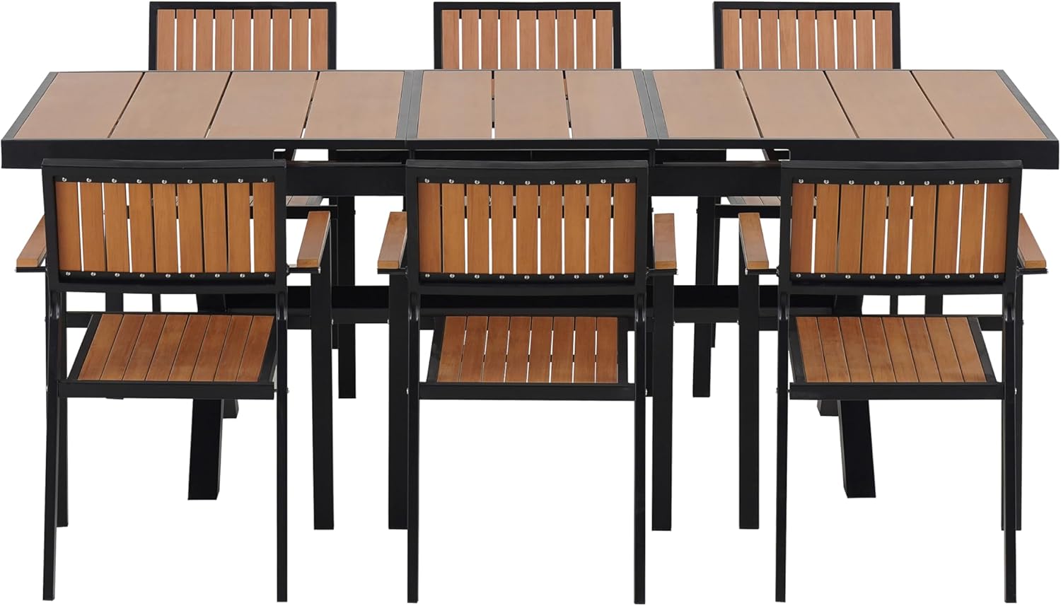 6-Piece Outdoor Patio Dining Set with Extendable Table 62.9"-82.6", Plastic Wood Tabletop & 6 Chairs, Sturdy Iron Frame, Weather Resistant Furniture for Garden Backyard Poolside