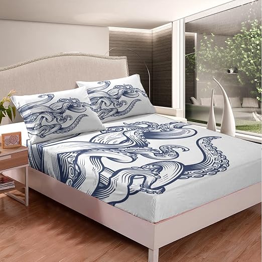 Kids Octopus Fitted Sheet Ocean Kraken Bed Sheet Set for