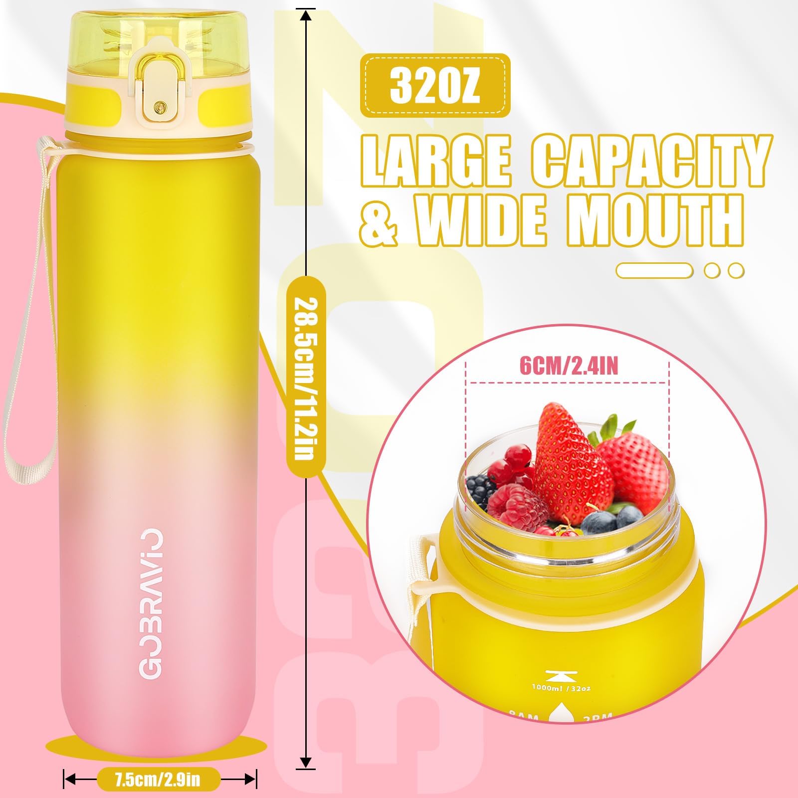 Gobravio Water Bottle 1L BPA Free Sports Drink Bottle Dishwasher Safe Canteen Bottle Leakproof Motivational Water Bottle with Time Markings