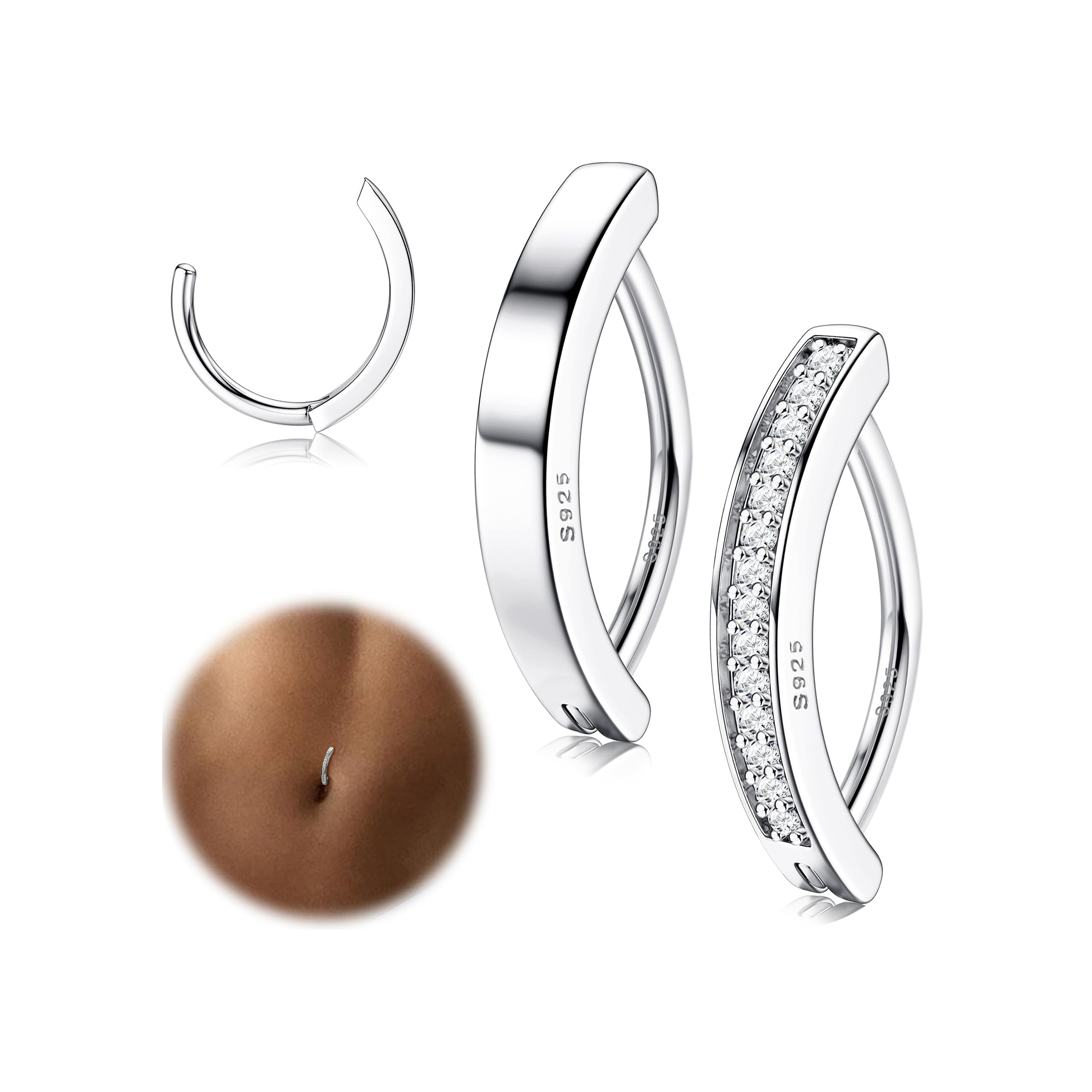 MILACOLATO 2Pcs 14G Belly Button Rings for Women Hypoallergenic 925 Sterling Silver CZ Belly Button Ring Simple Clicker Reverse Curved Navel Rings Barbell Belly Piercing Jewelry