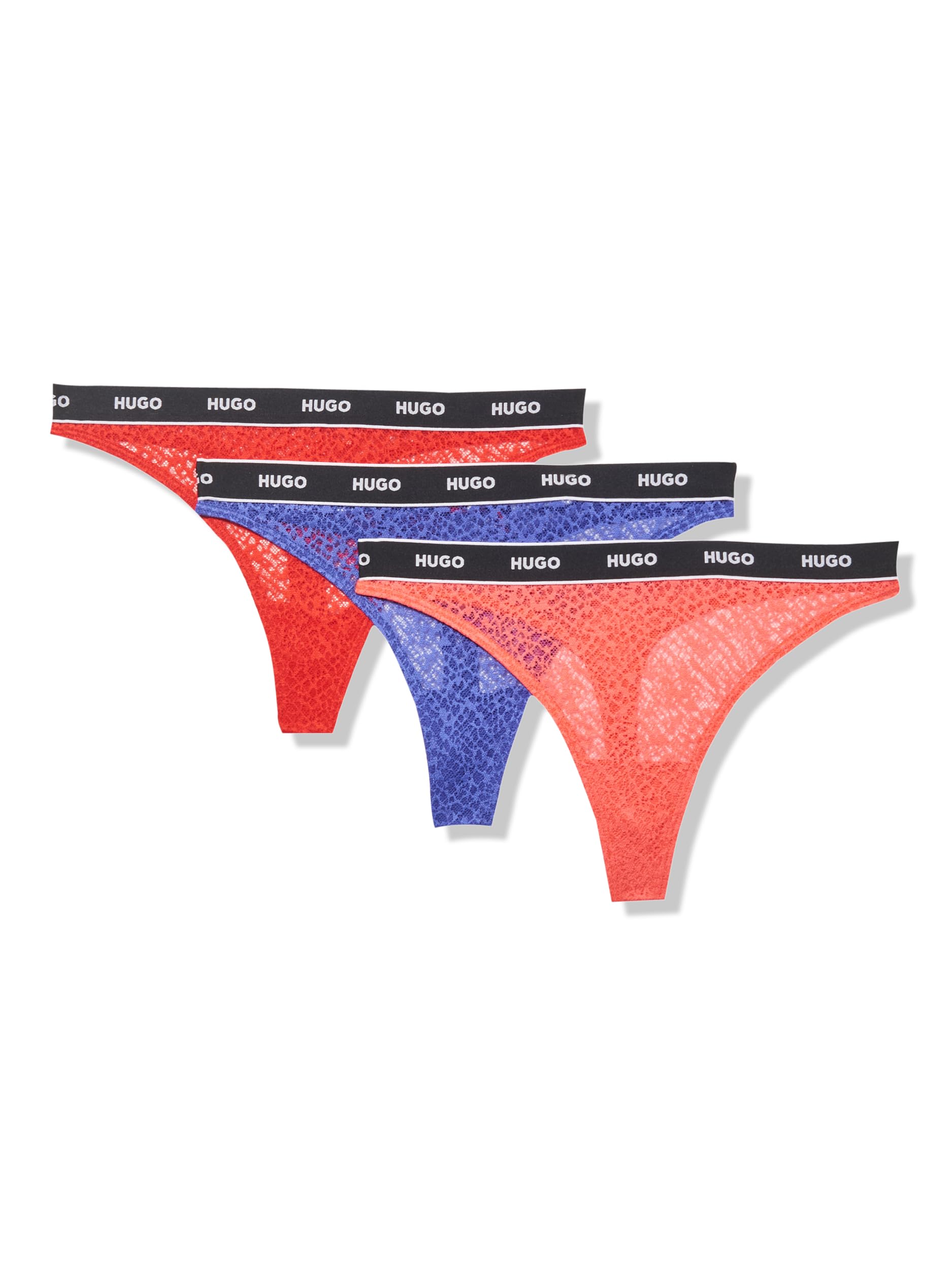 HUGO Women's 3-Pack Repeat Logo Lace Thongs, Bijou Blue/Peach Pink/Candy Red, XS