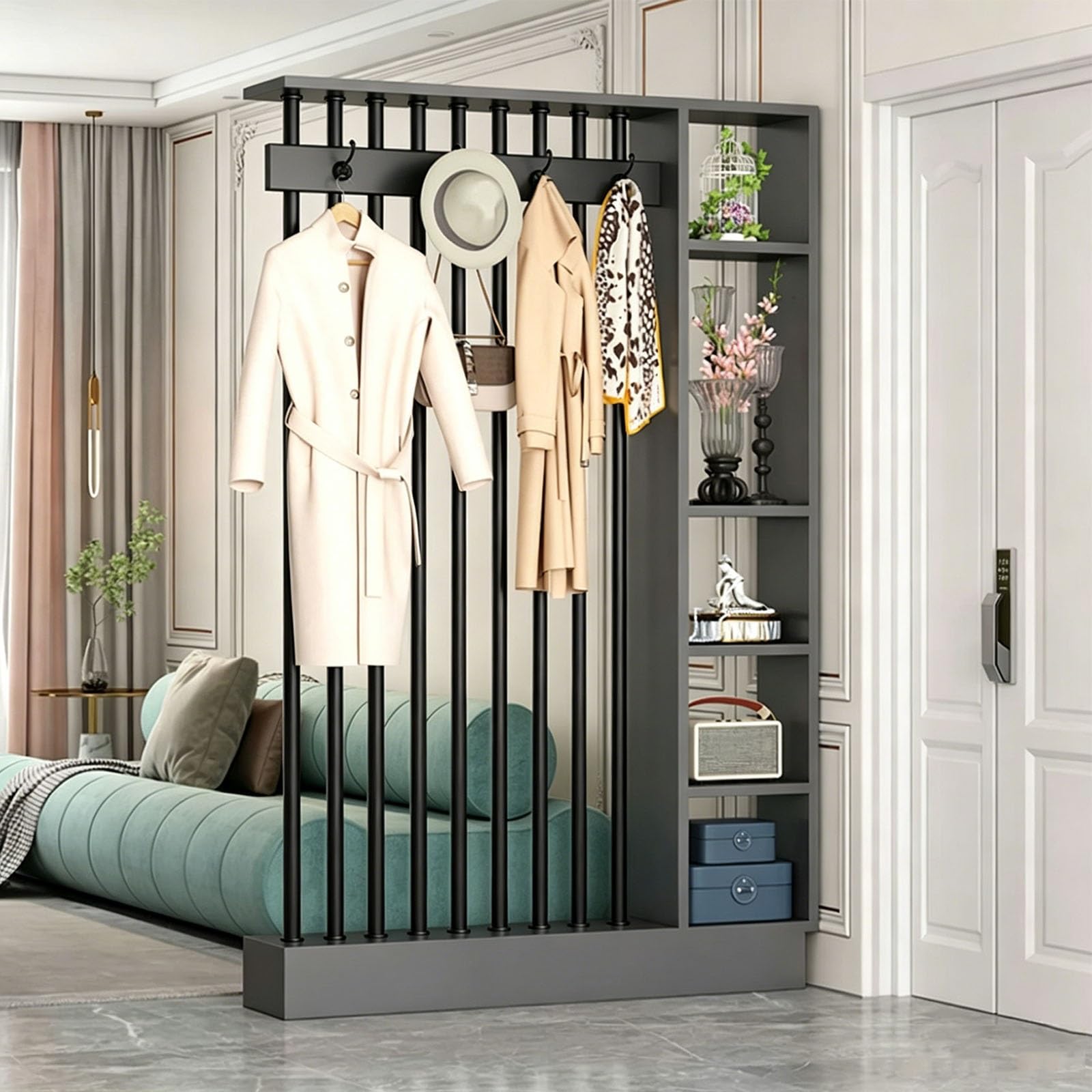 Multi-Functional Entry Hall Storage Rack Wood Room Divider Screen,room divider with shelves,Freestanding Privacy Partition with Coat Rack and Display Shelf for Home Office(Black+Black,120cm/47.2'')