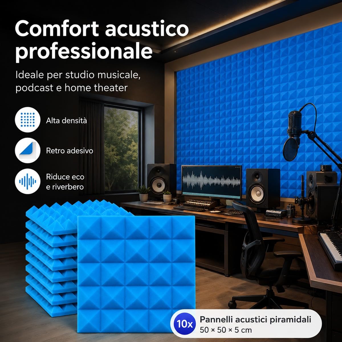 Pannelli Fonoassorbenti Blu 50X50X5Cm con Adesivo 10 Pezzi per Home Theater Studio Musica Registrazione Audio Riduzione Rumore Gaming Assorbimento Acustico Professionale