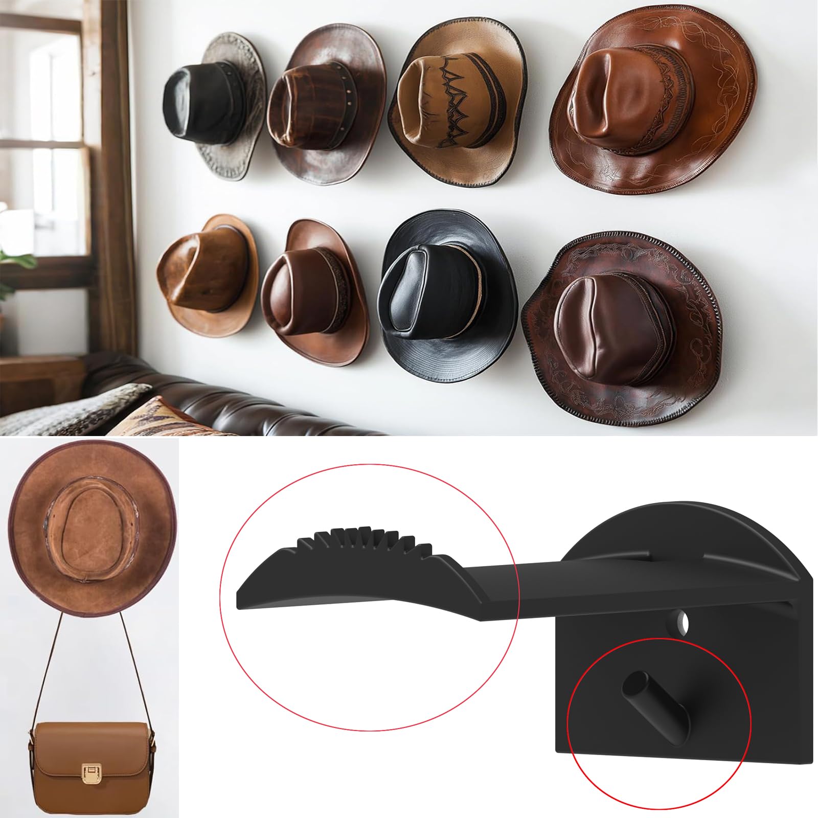Hut Halterung Wand Cowboy, 8 Stück Hut Rack für Cowboyhüte, Makramee-Hutaufhänger, Cowboy Huthalter Cap Ständer, Selbstklebende Hut-Haken von Hüten, Handtüchern, Taschen, Schals (Schwarz)