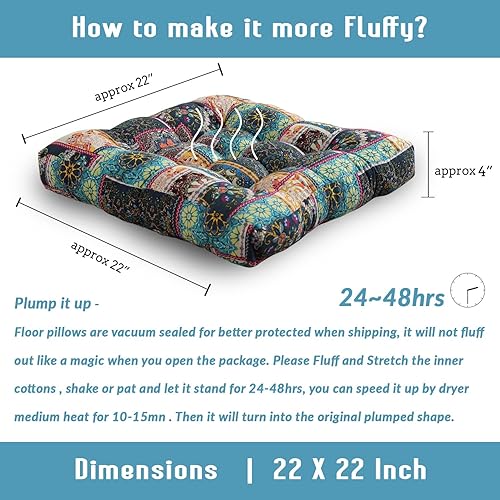 Vista 62 de Cojines cuadrado para sentarse en el suelo 22” x 22”, suave grosor, para yoga, meditación, puf, tatami, cojín para leer en el suelo, cojín