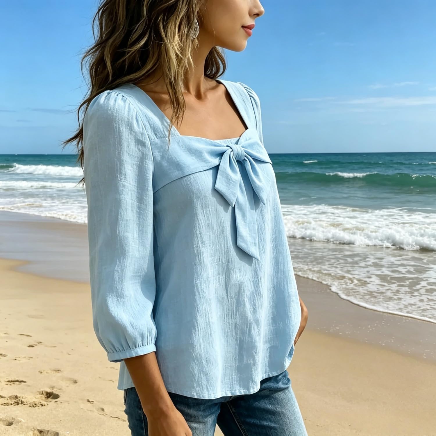 Camisa Casual de Mujer con Lazo, Color Liso, Manga Larga, Cuello Cuadrado, Corte Regular y puños elásticos