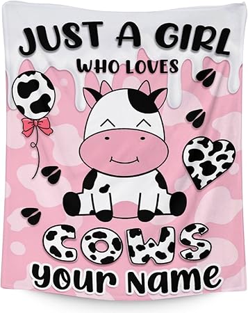 Mercuryelf Custom Cow Throw Blanket - Soft, Fuzzy & Warm - 60x80 Inches Flannel Blankets for Bed, Couch - Pink Cute Throws Gift for Women