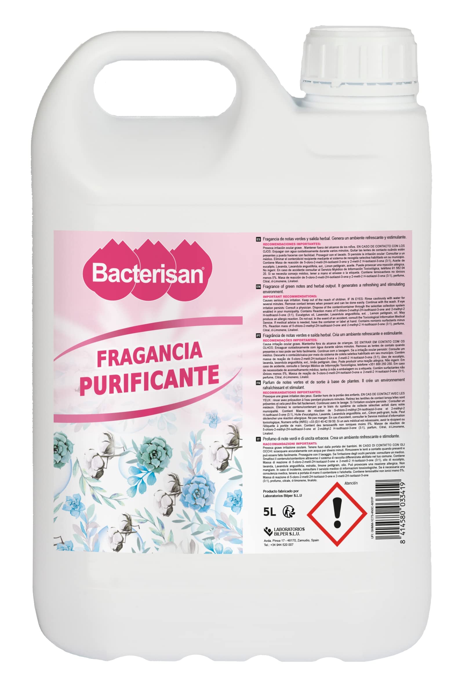 BACTERISAN Ambientador purificante 5 L, Fragancia de notas verdes y salida herbal, Genera un ambiente refrescante y estimulante