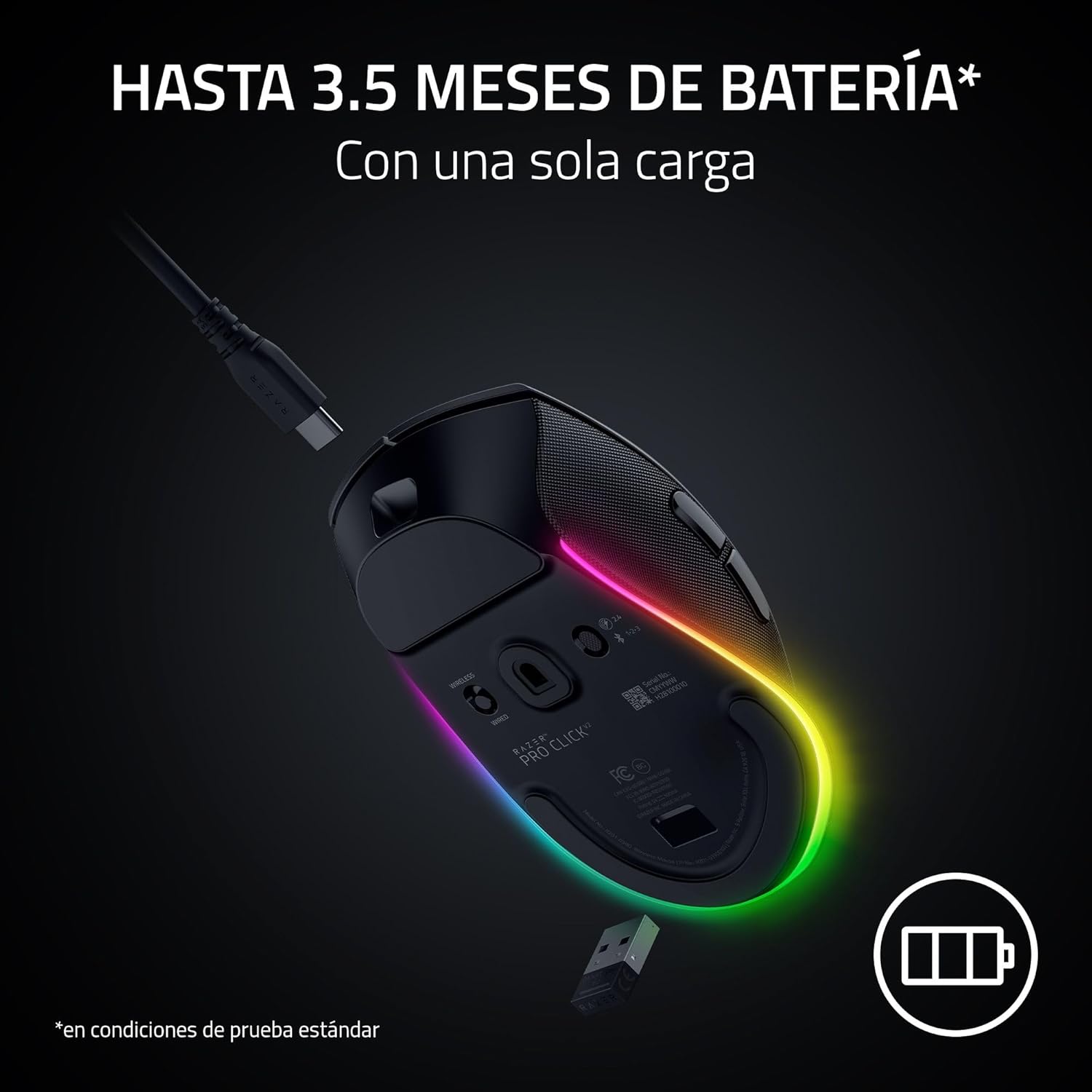 Razer Pro Click V2 – Ratón ergonómico inalámbrico – Asistencia IA Prompt – Sensor óptico de 30K – 3,5 Meses de duración de la batería (14 Zonas Chroma RGB, Rueda de ratón HyperScroll) Negro 5