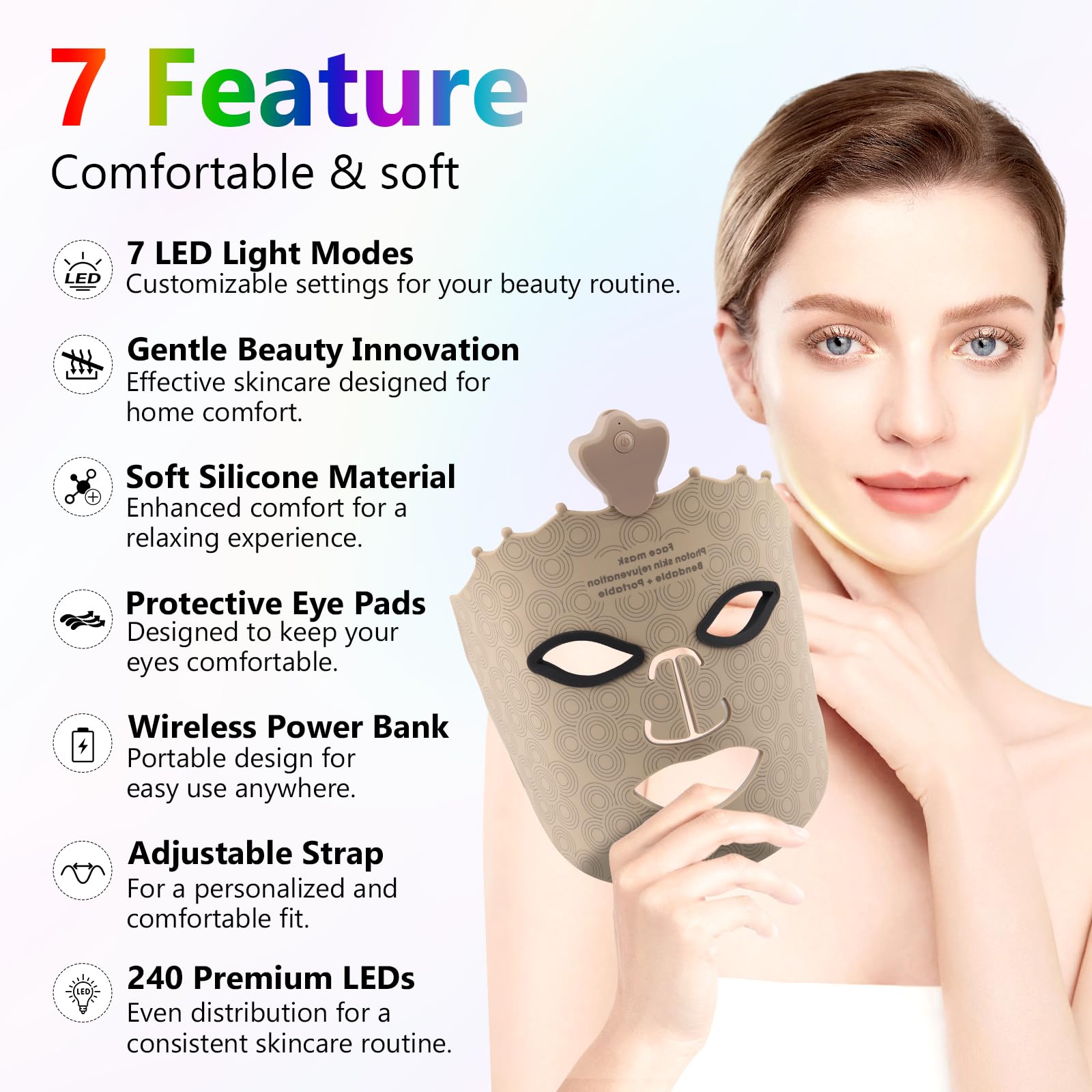 Masque facial à LED avec lampe à lumière rouge, 7 couleurs, LED, pour le visage et la peau, appareil de soin pour tous les types de peau, raffermissement du visage, rajeunissement, Marron