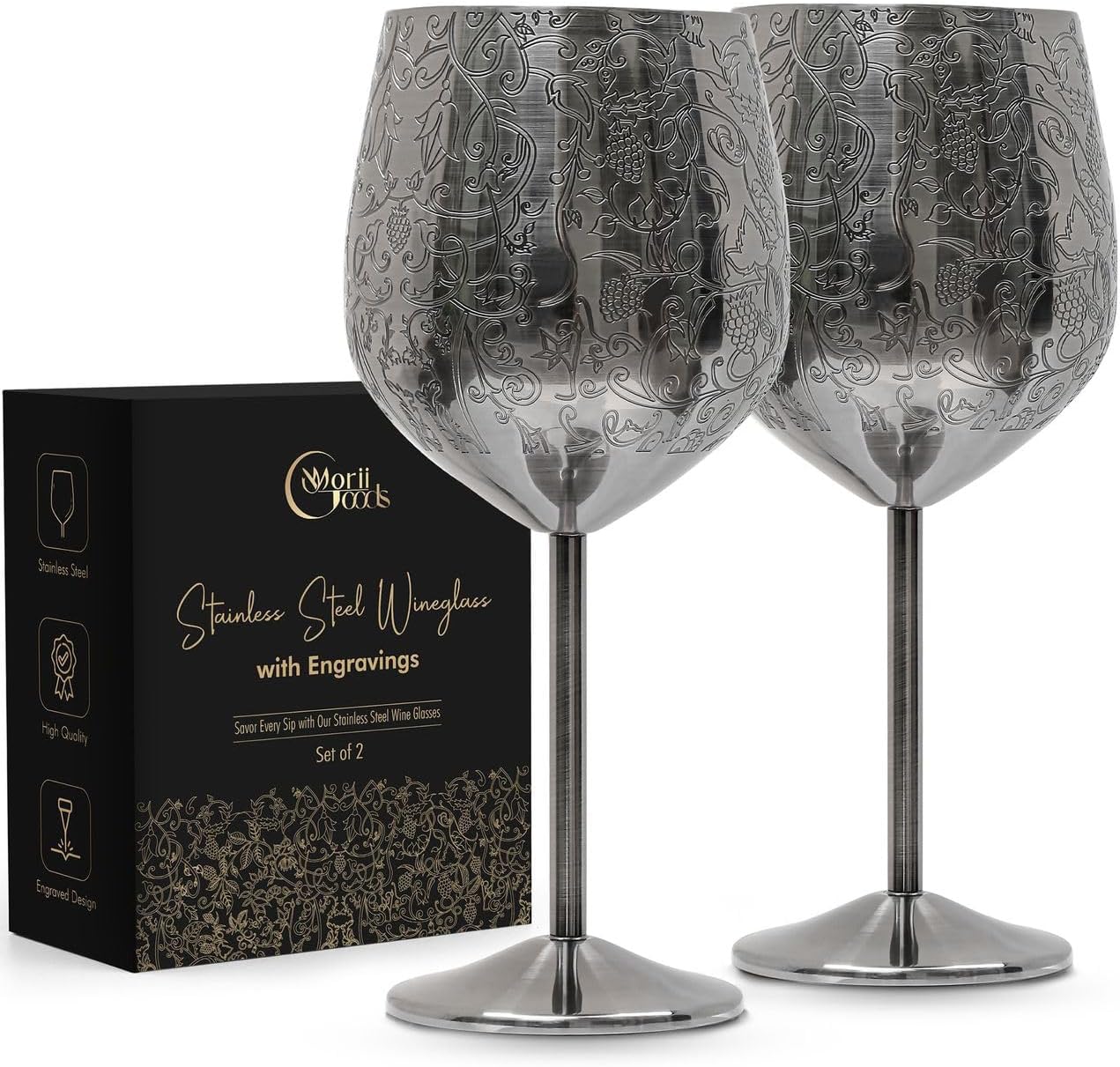 Stainless Steel Wine Glasses – Set of 2 Etched 16 oz Metal Goblets, Unbreakable Rose Gold Cups for Camping, Travel, Outdoor Events, Picnics, Luxury Wine Gifts for Women and Men