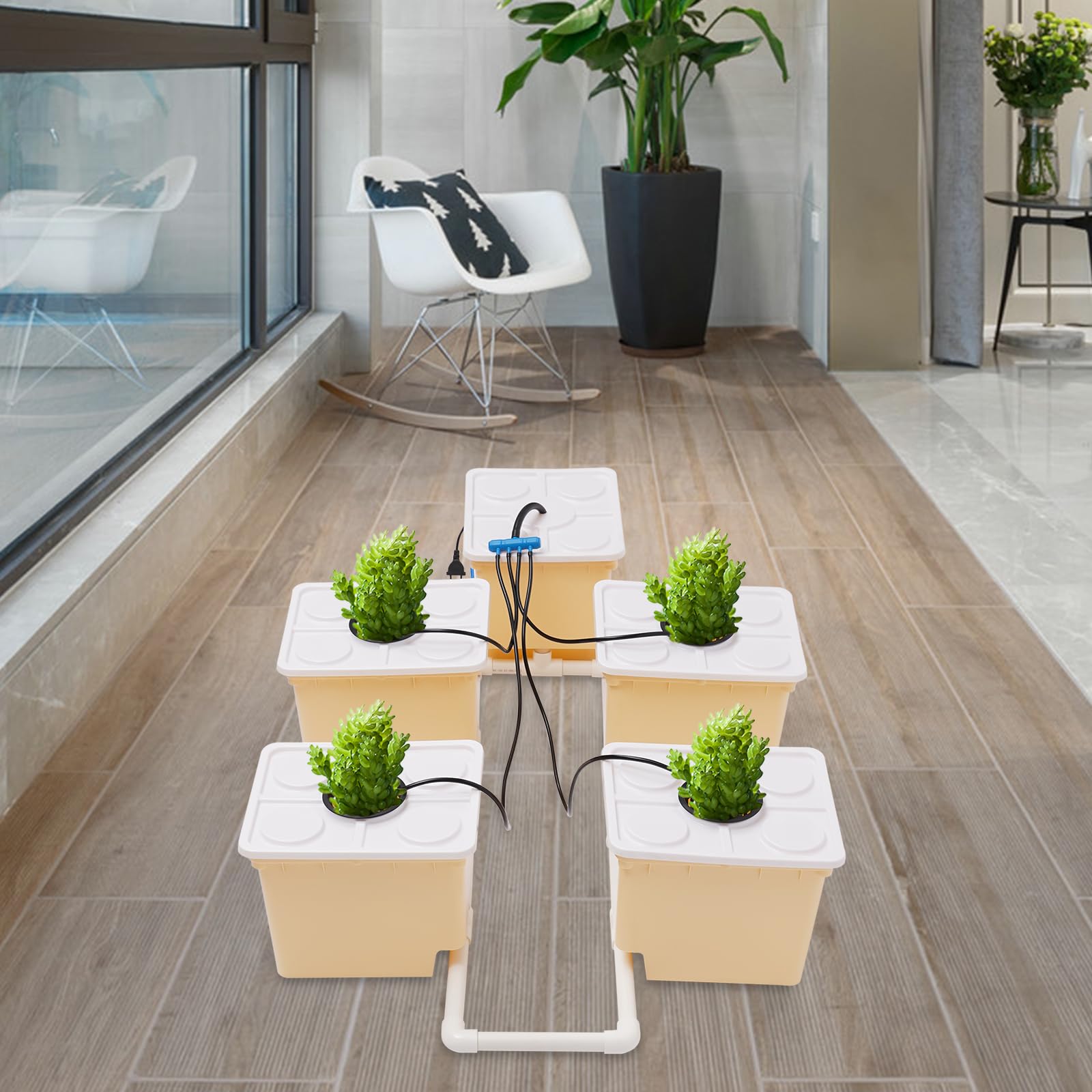 DWC Hydrokultur Anbausystem, Tiefwasserkultur 4 X 11.9L-Eimer, DWC Hydroponic System mit Wasserstandsrohr enthalten und 4W-Tauchpumpe, Schutzklasse IPX8, für den Anbau von Gemüse, Obst, Blumen