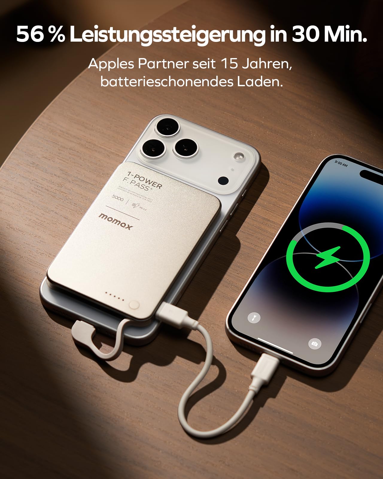 MOMAX 5000mAh Powerbank PD 20W Schnelladegerät- 0,8cm Ultraflache Powerbank mit integriertem Kabel für iPhone 15~17 Serie (Nicht drahtlos Aufladen)