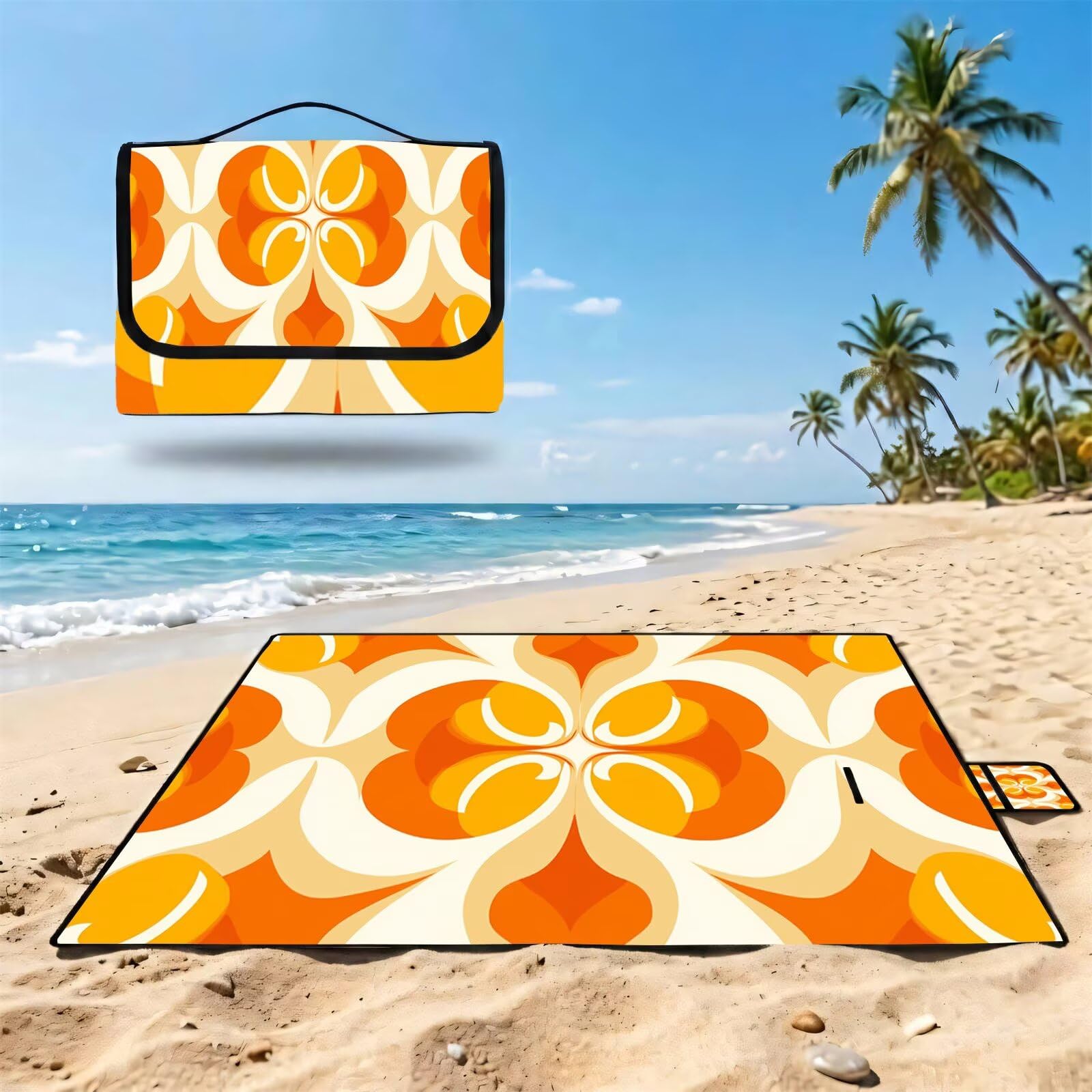 Couverture de Pique-Nique Grande 200x300 cm,Outdoor Couverture Imperméable,Pliable Tapis de Plage Dos en PVC Anti-Sable,Picnic Blanket pour Camping Accessoires,Jardin,Parc,Famille - Jaune,orange UZ-86