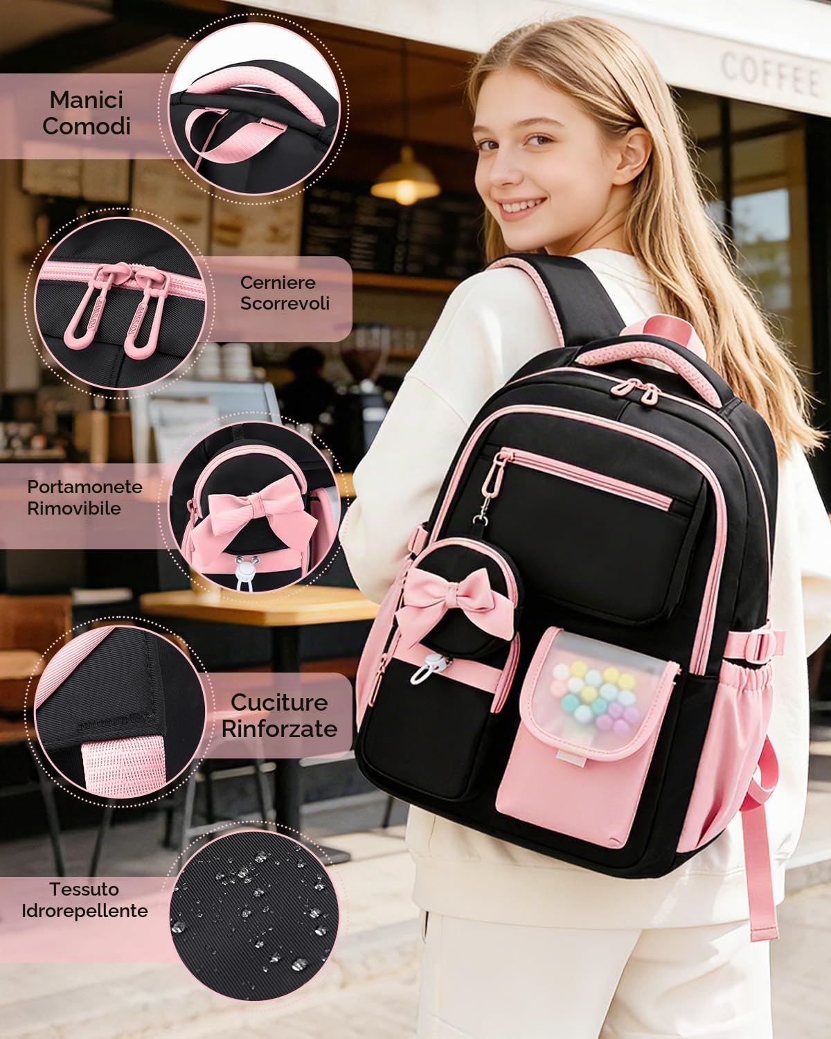 Amythe Zaino per Ragazze Scuola Elementare e Media - Zaino Scuola Grande 30L per Porta PC 15.6", Zaini Casual Impermeabile per Adolescenti 10-18 Anni - Adatto a Carrelli -Rosa