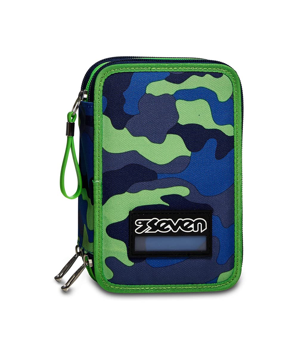 Seven Astuccio Scuola Elementare, 3 scomparti, Medie, con Matite, Pennarelli, Penne, 3 Zip, Blue Camo boy, Bambino e Ragazzo, blu