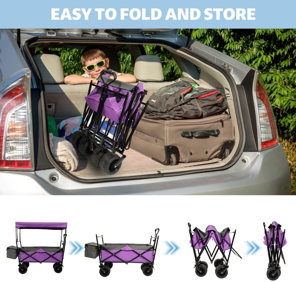 500Lbs Collapsible Wagon with Canopy, Lightweight Foldable Wagon Heavy Duty Utility Outdoor Garden Cartwith Mosquito net, Large Capacity for Camping, Shopping, Sports, and Garden Use (Purple)