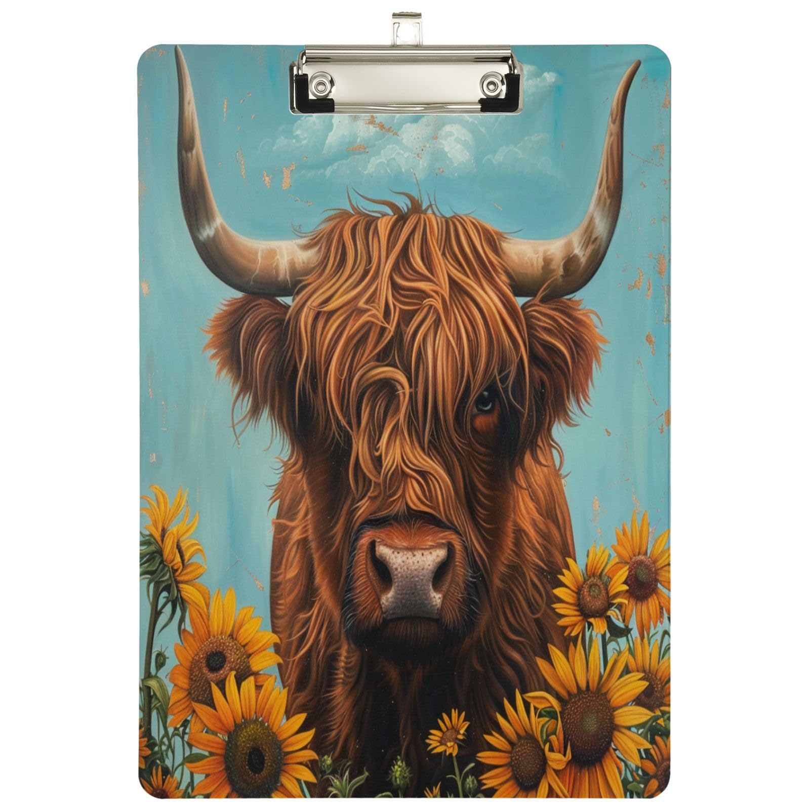 Graphic Cute Printed Acrylic Clipboards, Highland Cow in Sunflower Field Custom Low Profile Metal Clip Board for Standard Letter Size,Restaurant,Men, Women,Students,Office, Back to School