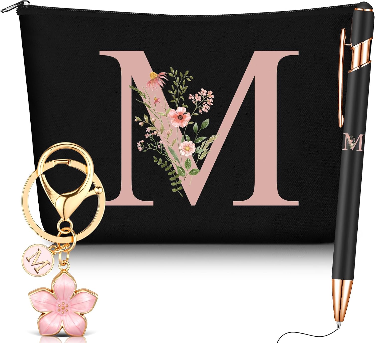 Hestya 3 Piezas Regalos para Mujer con Inicial Floral Bolsa de Maquillaje Llavero Bolígrafo Regalos para Mamá Amiga Novia Dama de Honor Cumpleaños(Letra M,Negro,Metal)