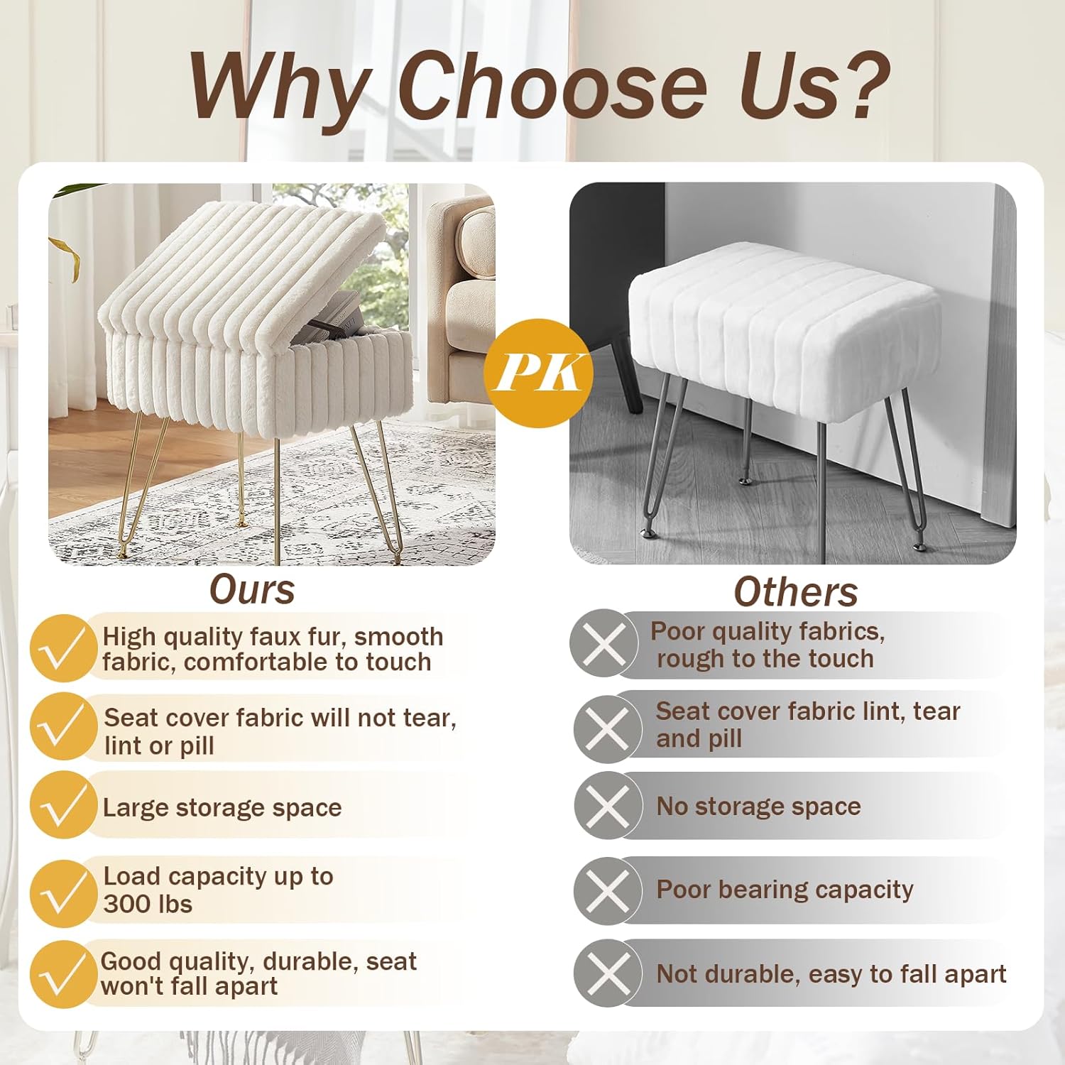 EBENCHICO Vanity Stool Chair with Storage, Faux Fur Stools for Vanity Makeup, Foot Stool Ottoman with 4 Metal Legs, Small Vanity Bench Seat Chairs for Living Room Bedroom