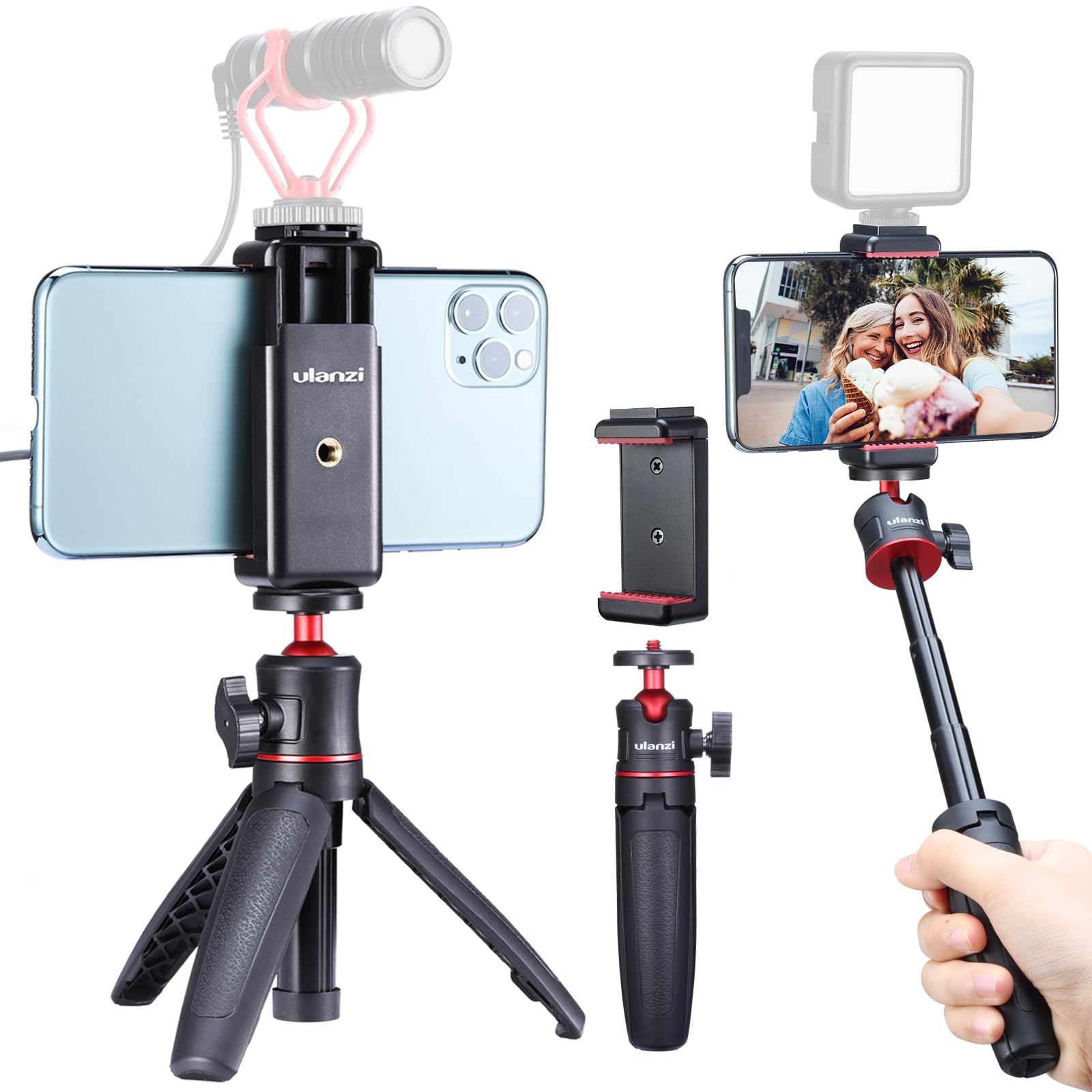Ulanzi MT-08 mini Statief met 360° kogelkop - Camerahouder & Selfiestick - 27 cm hoog tafelstatief - Voor DSLR camera en smartphone - Selfie stick en mini vlog statief in één