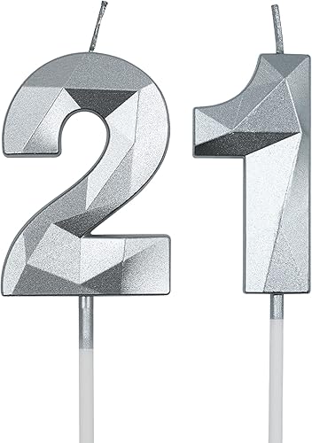 Velas de cumpleaños de 21 y 12 para tartas, velas plateadas con forma de diamante 3D con forma de diamante, suministros de fiesta para niñas, niños,