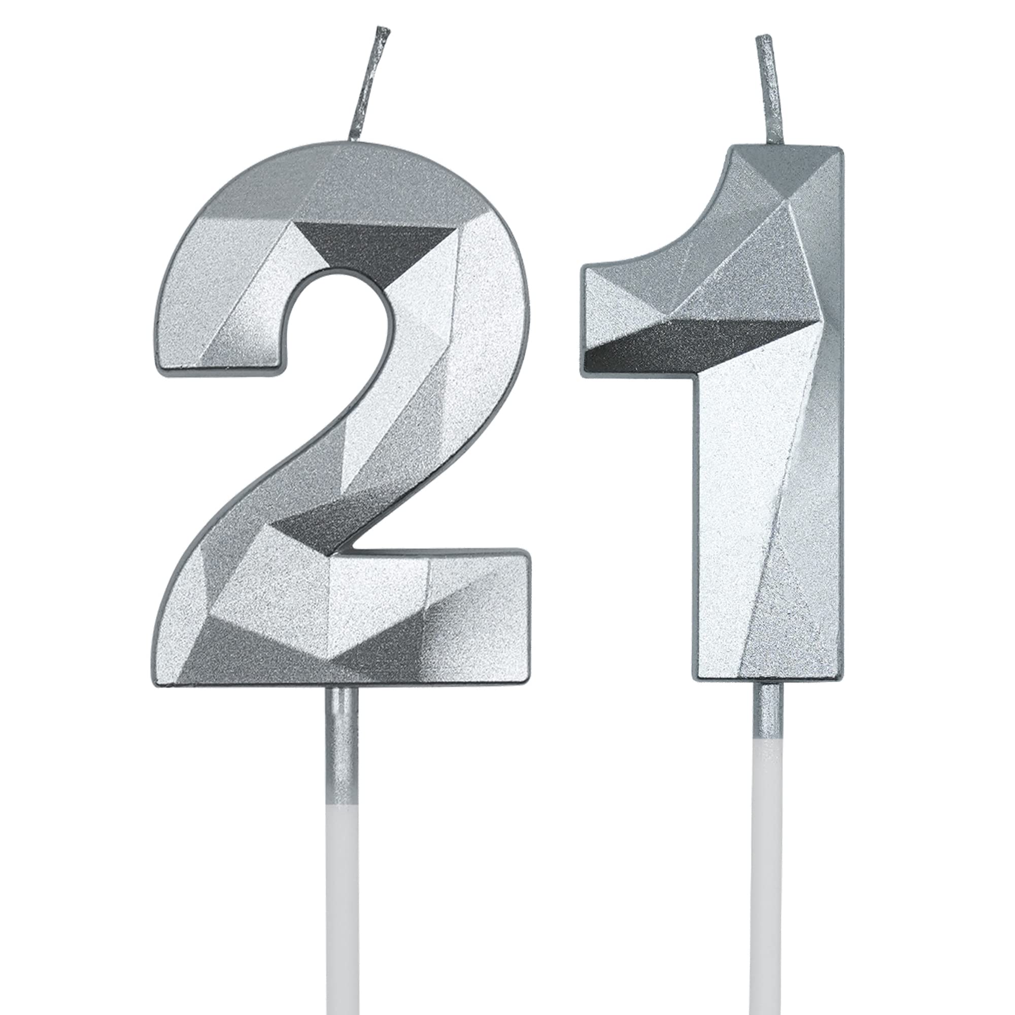 21st & 12th Birthday Candles for Cake, Silver Number 21 12 3D Diamond Shaped Candle Birthday Decorations Party Supplies for Girls, Boys, Women or Men